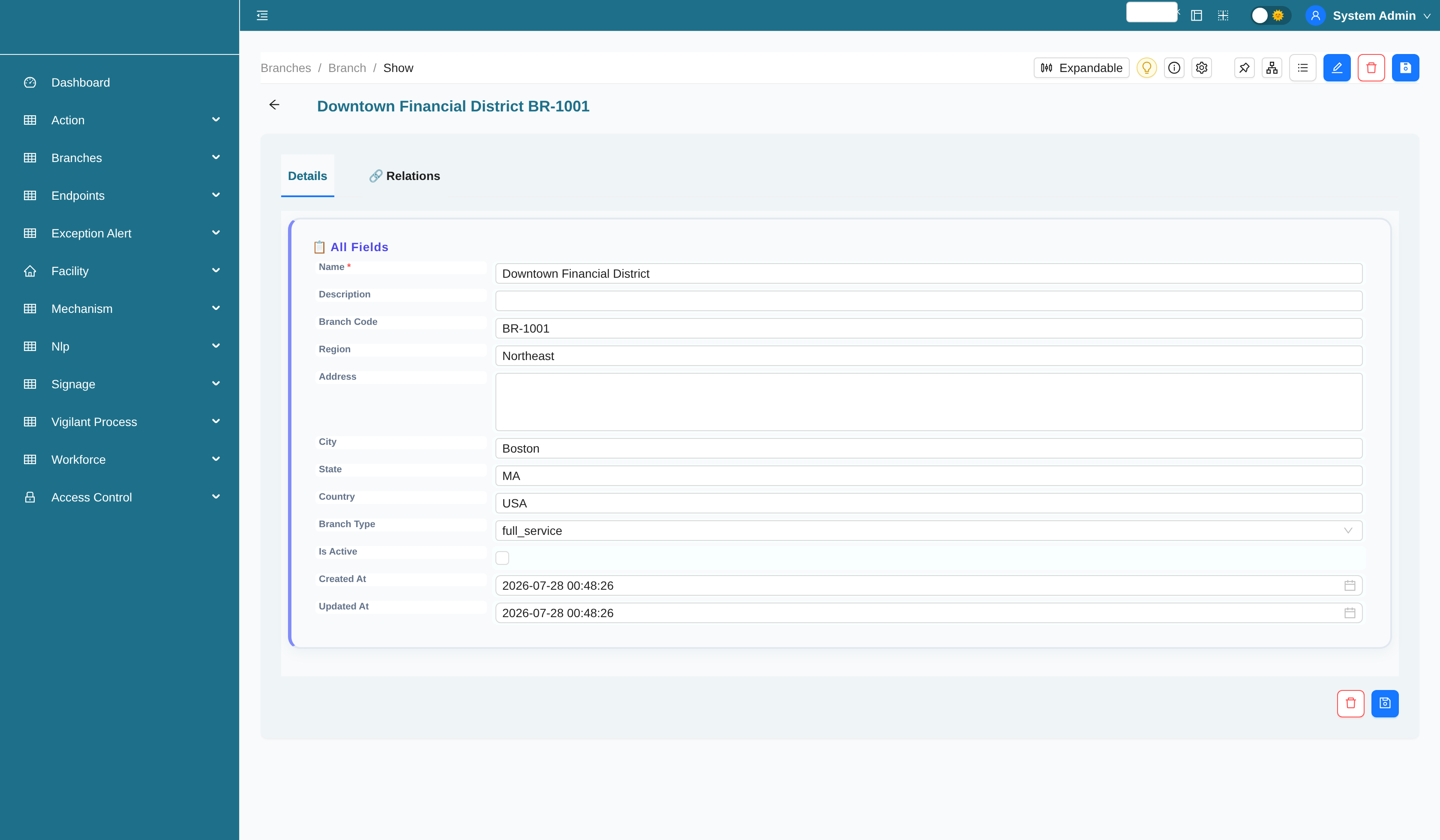 Branch record with region, type, and every related endpoint/device/safe