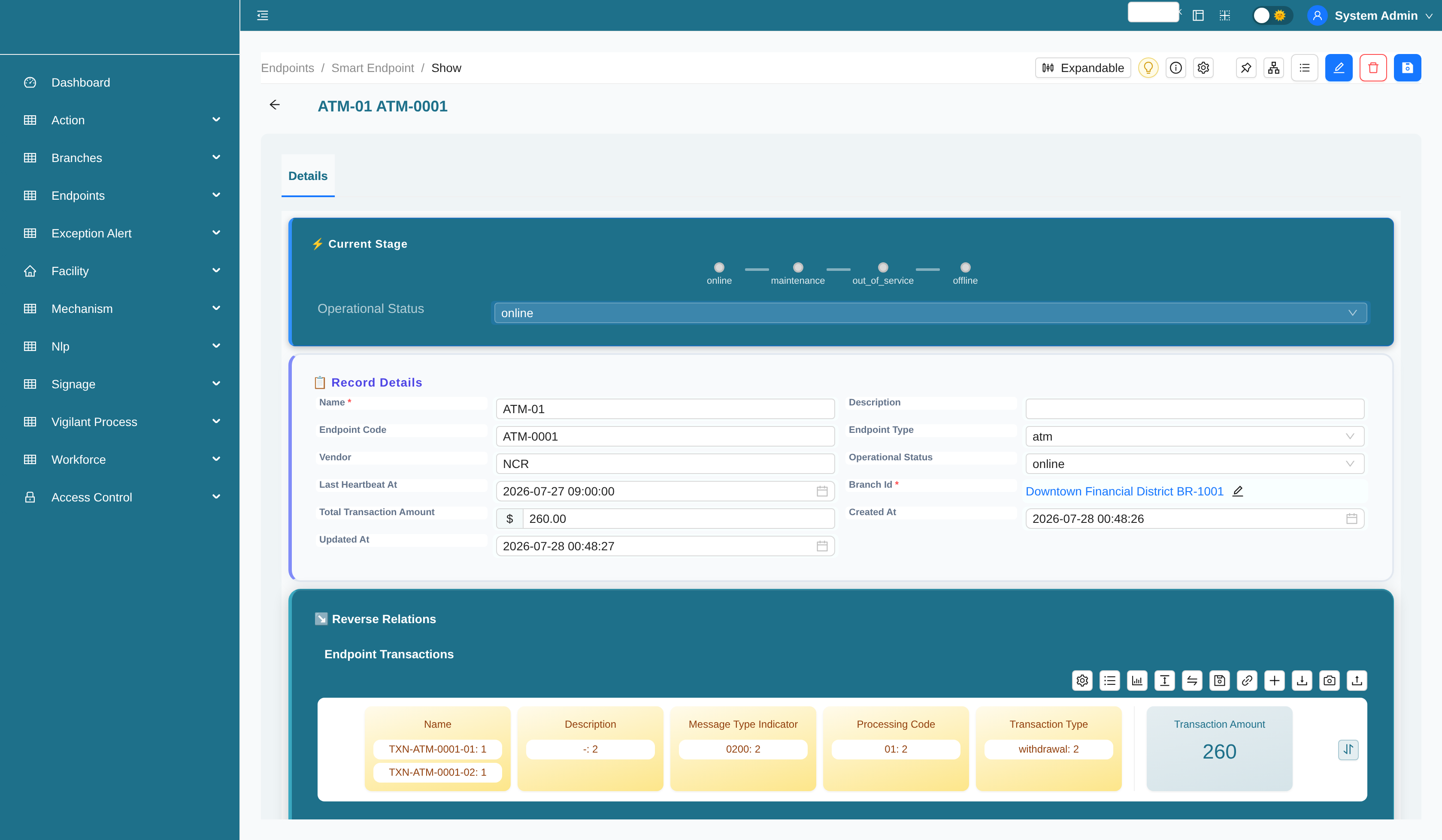 Smart endpoint record with operational status pipeline and transaction total