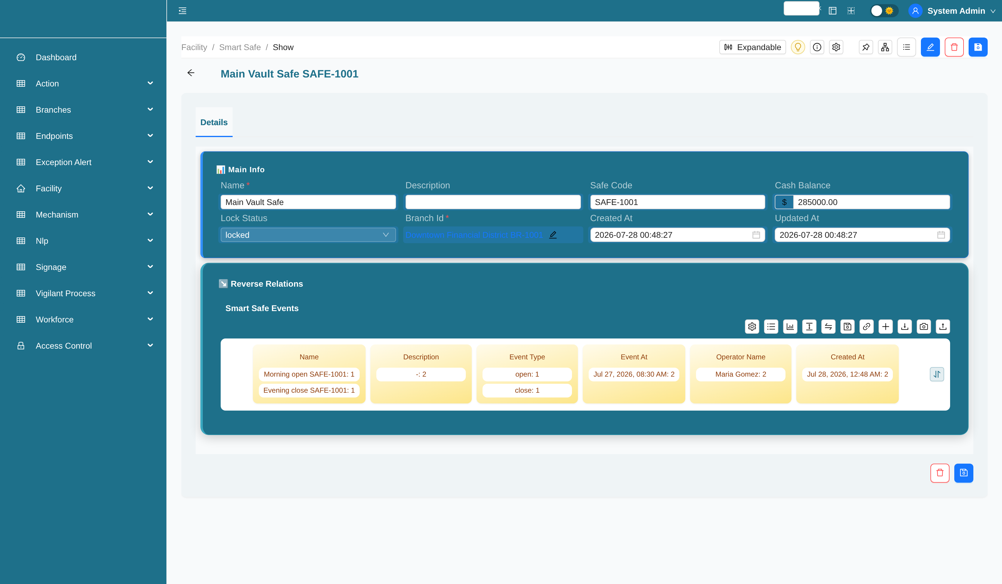 Smart safe record with cash balance and lock status