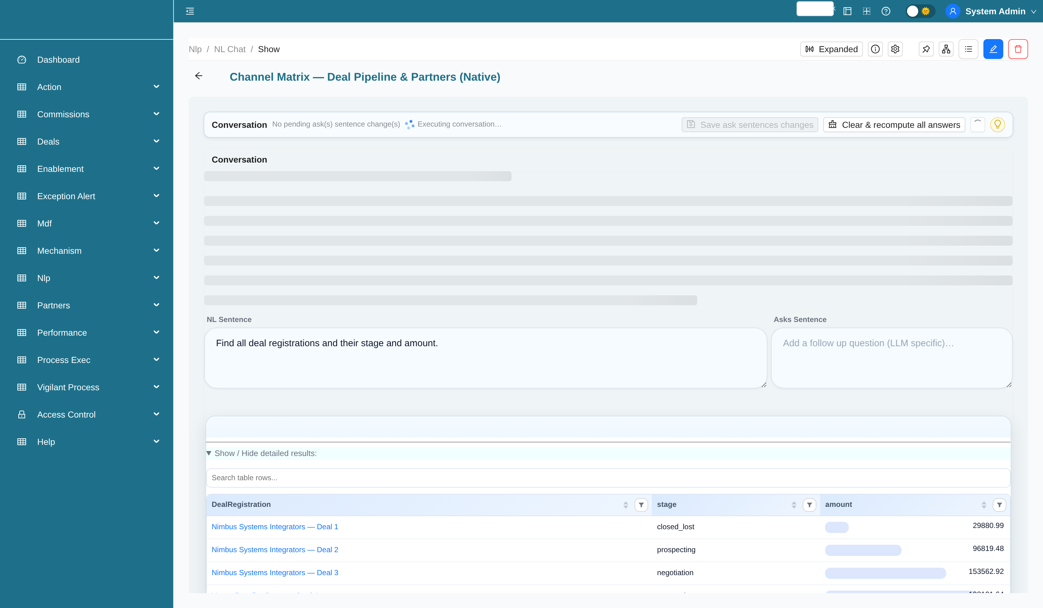 Deal pipeline and partners analytics chart generated by NL query