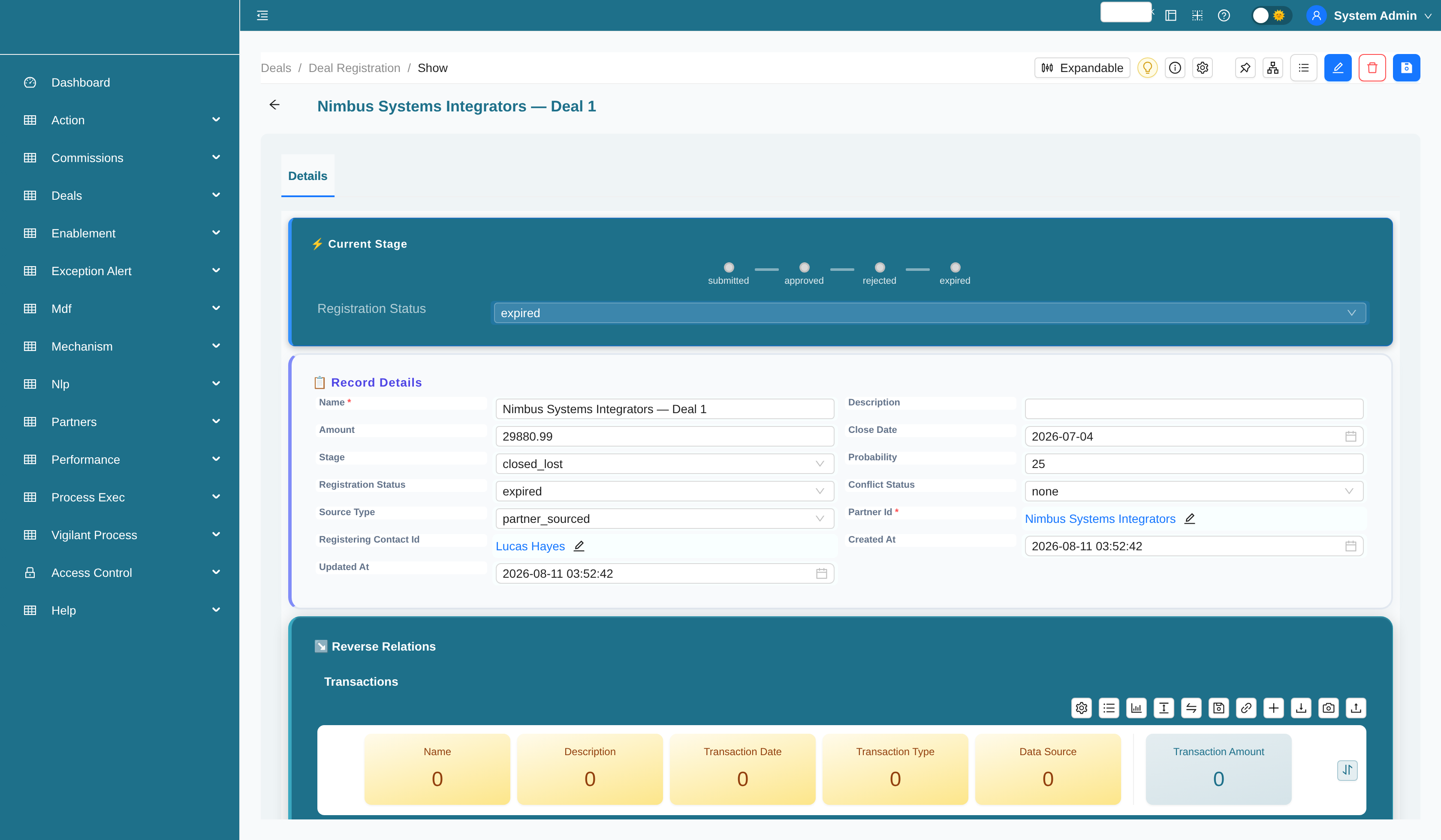 Deal registration record with status workflow stage bar