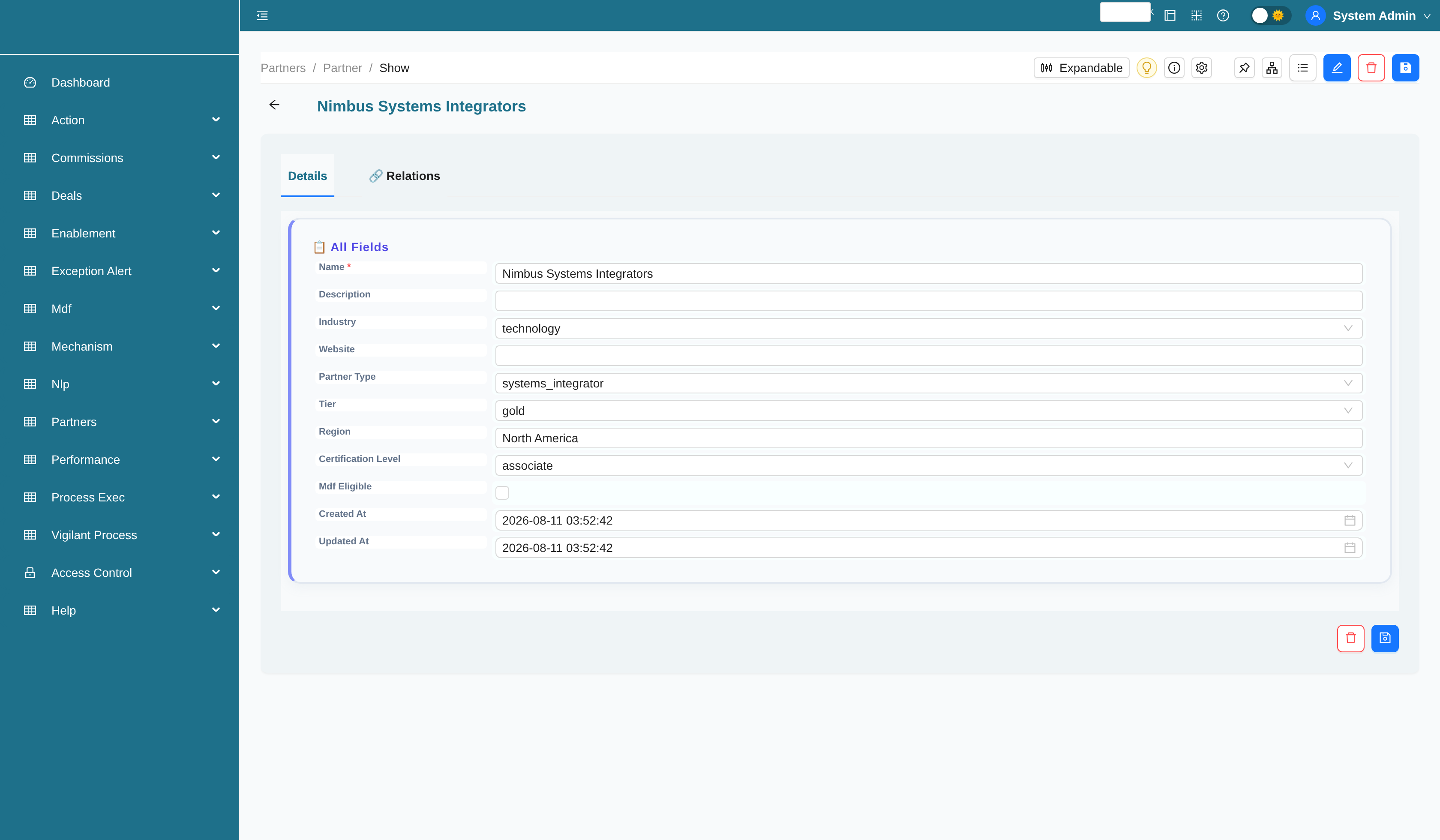 Partner record with related contacts, deals, MDF requests, and certifications