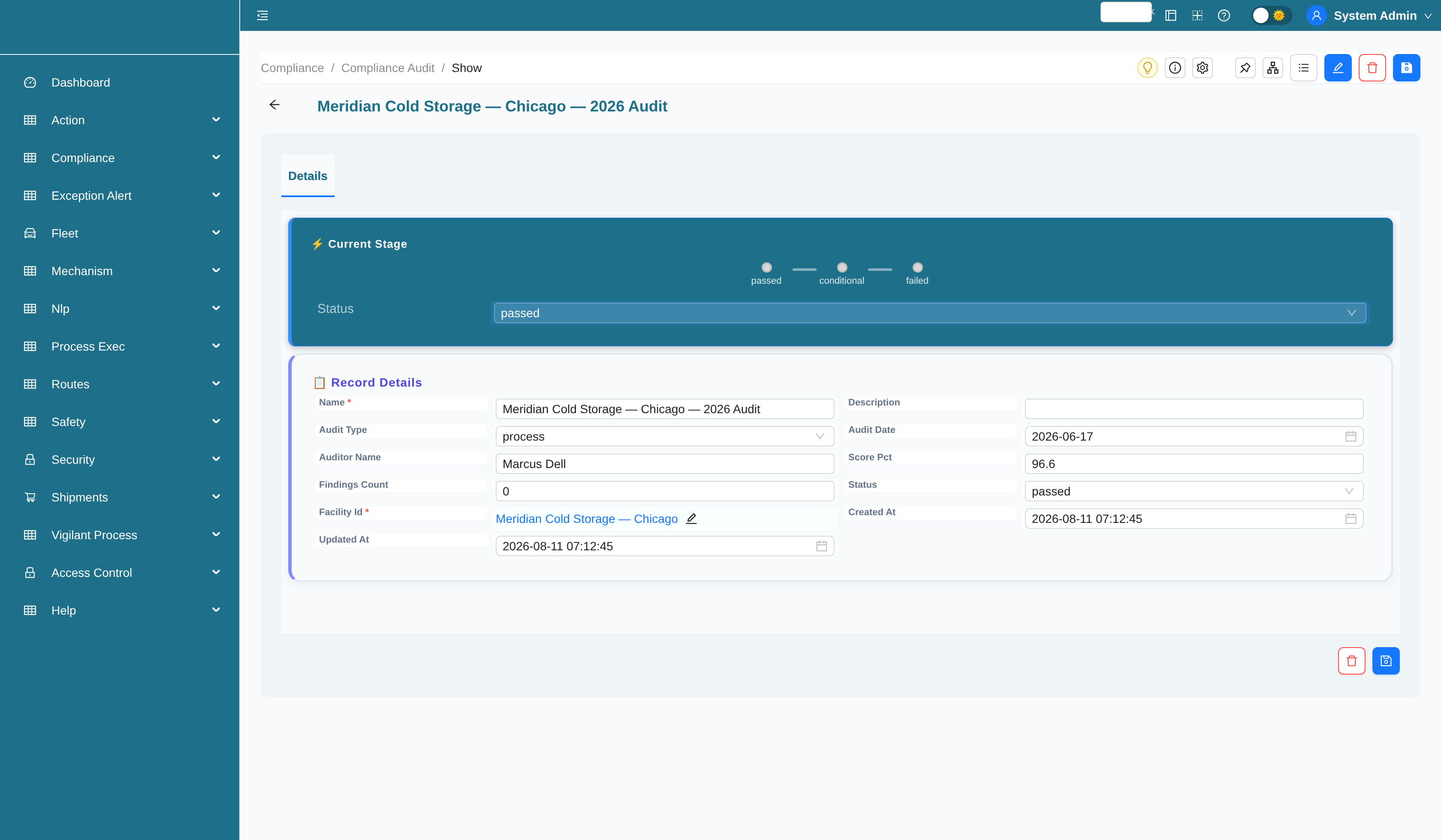 Compliance audit record with status workflow stage bar