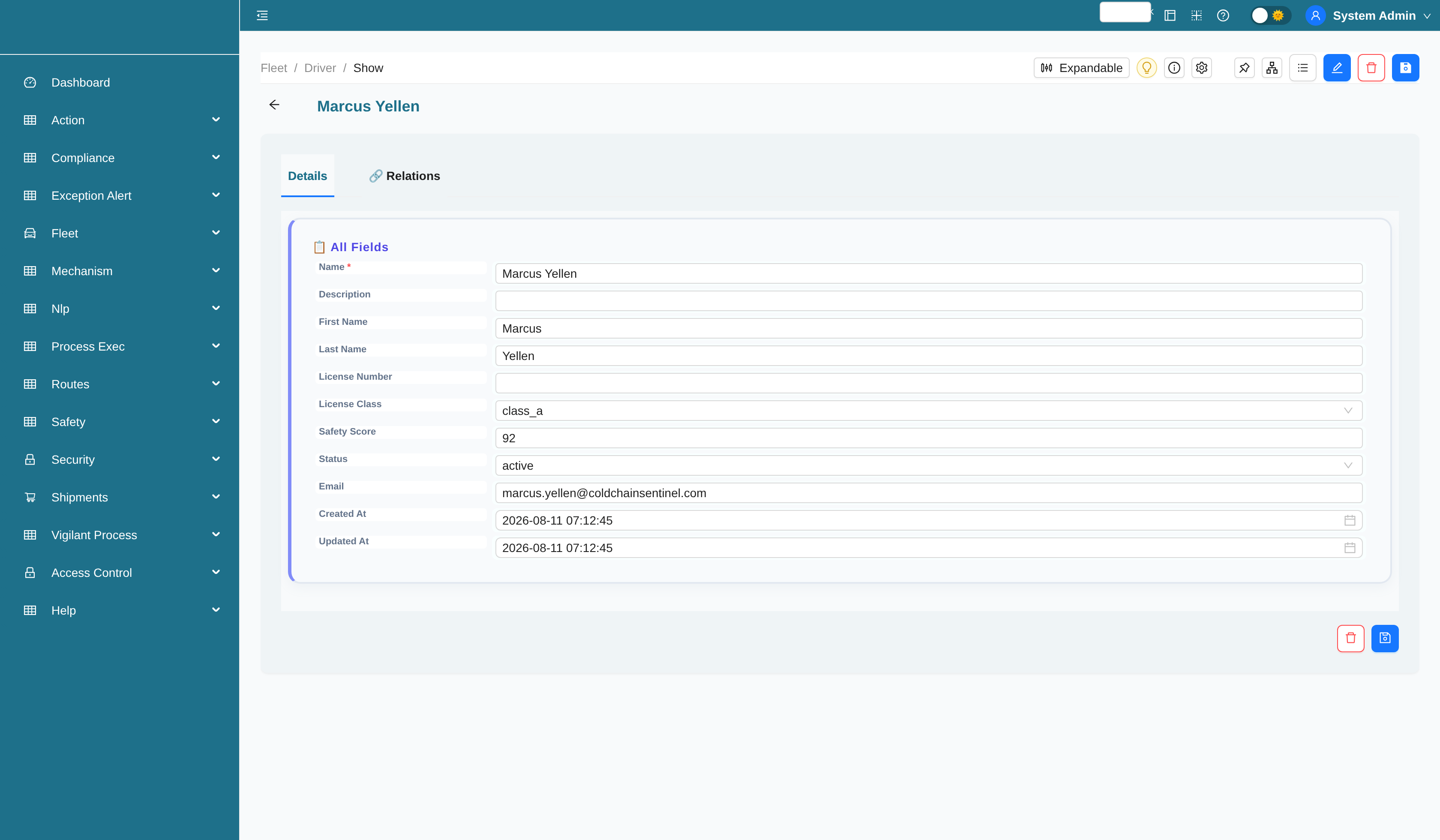 Driver record with related shipments and safety incidents