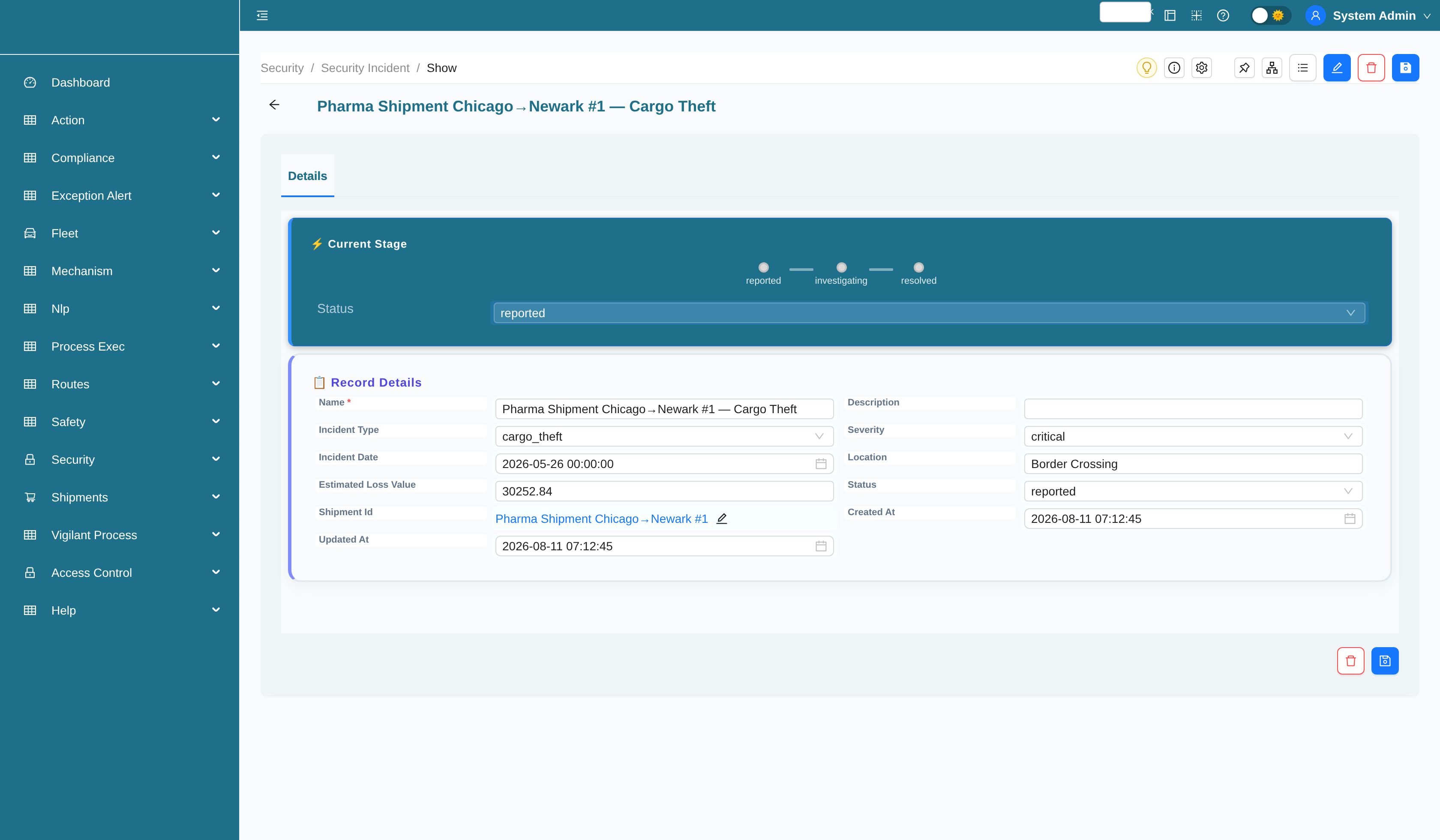 Security incident record with status workflow stage bar