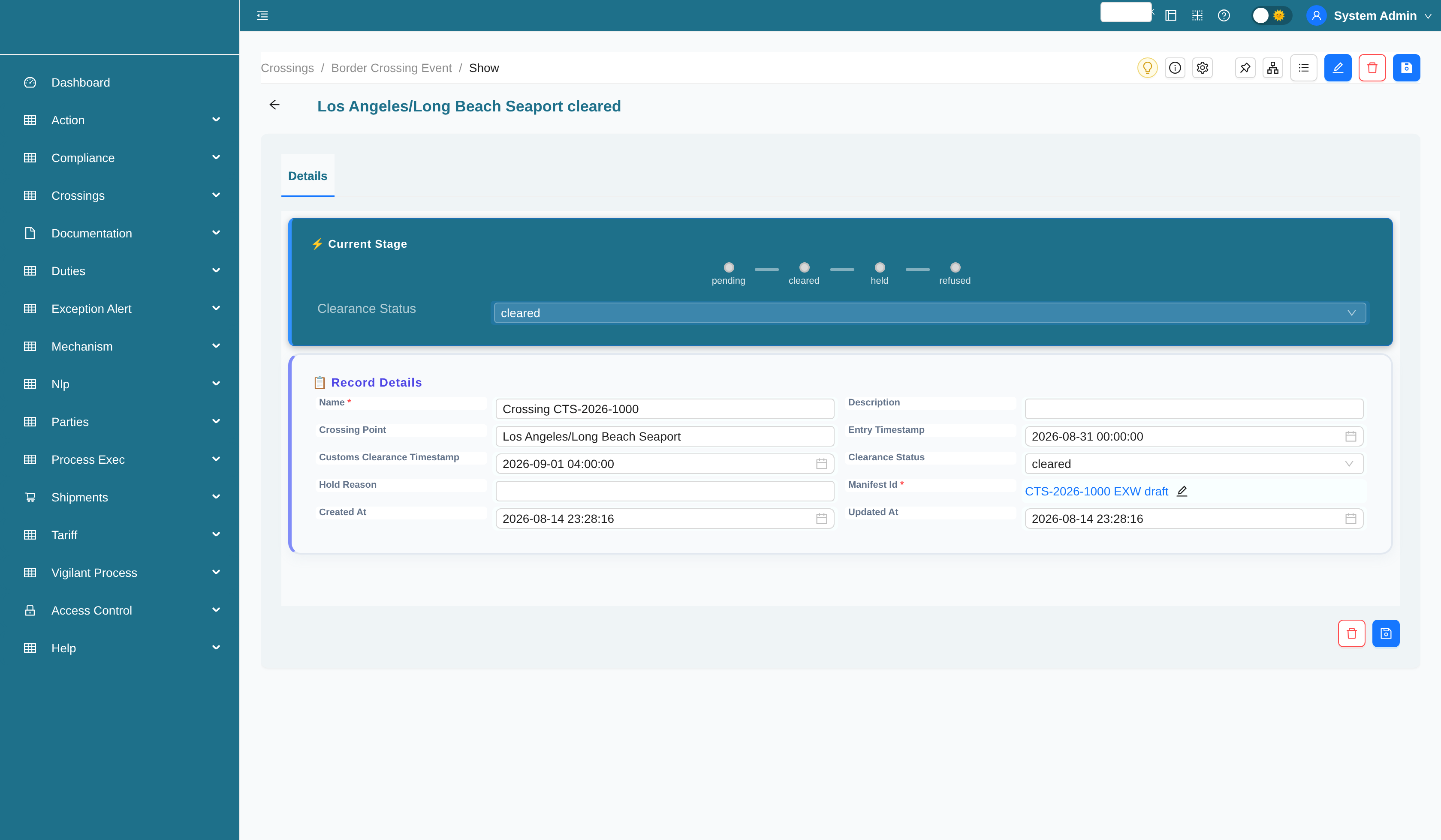 Border crossing event record with clearance status workflow stage bar