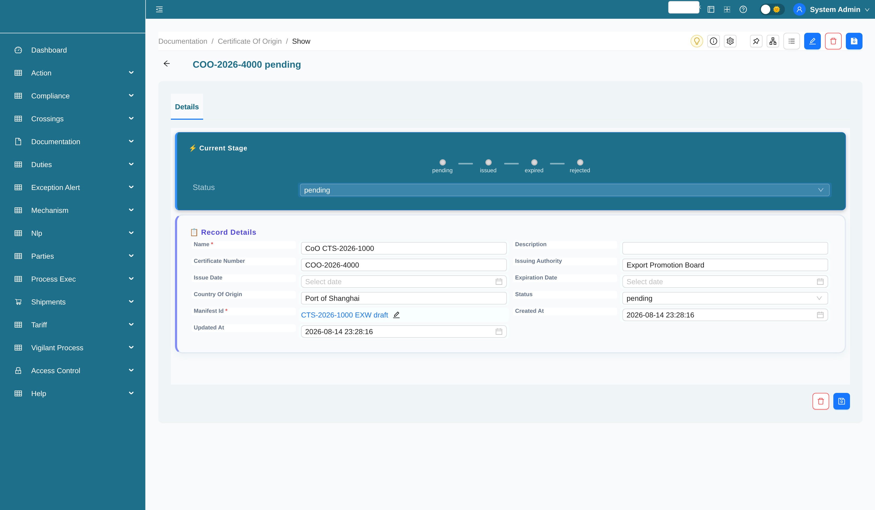 Certificate of origin record with status workflow stage bar