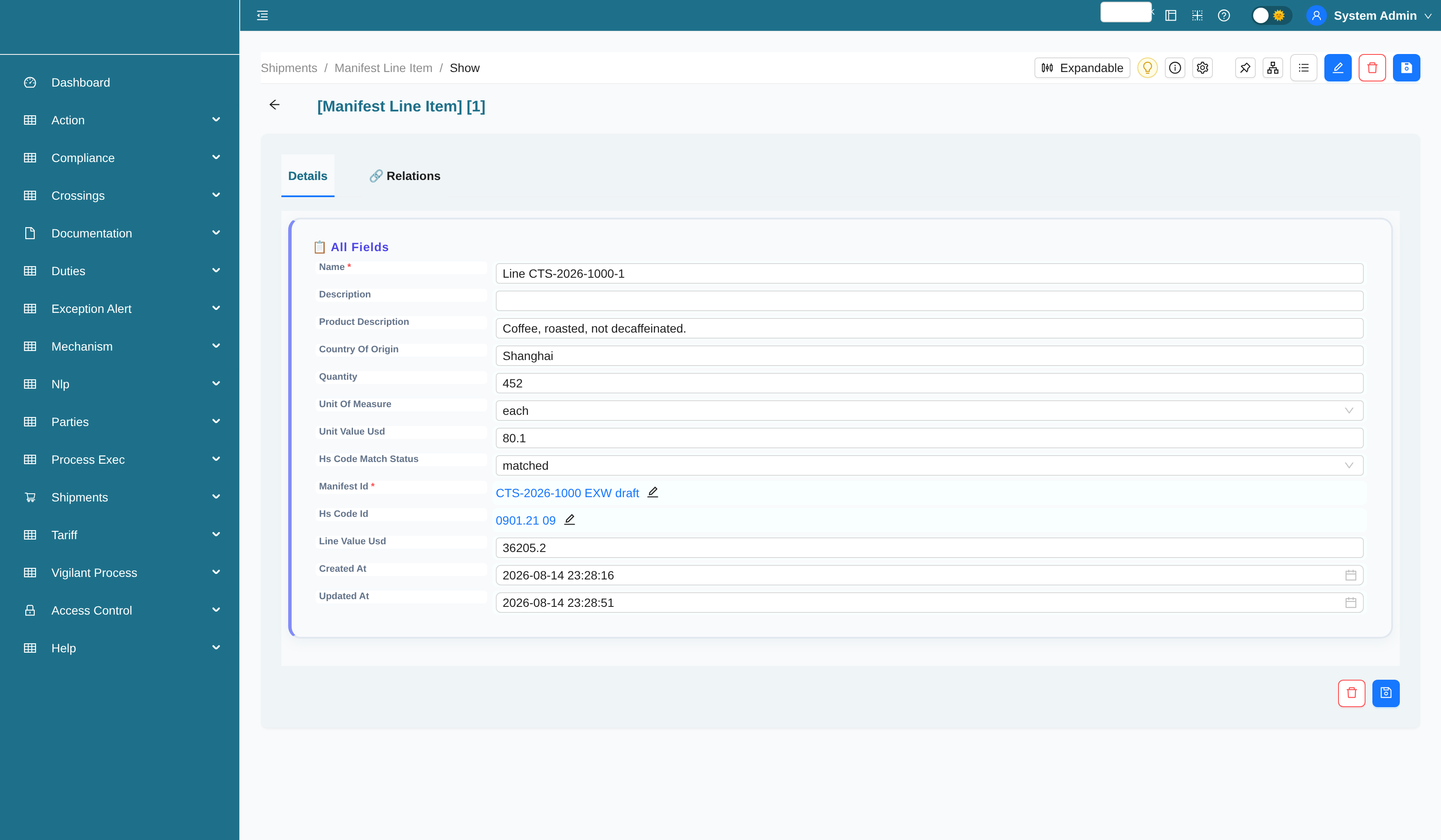 Manifest line item record with HS code match status and duty assessments
