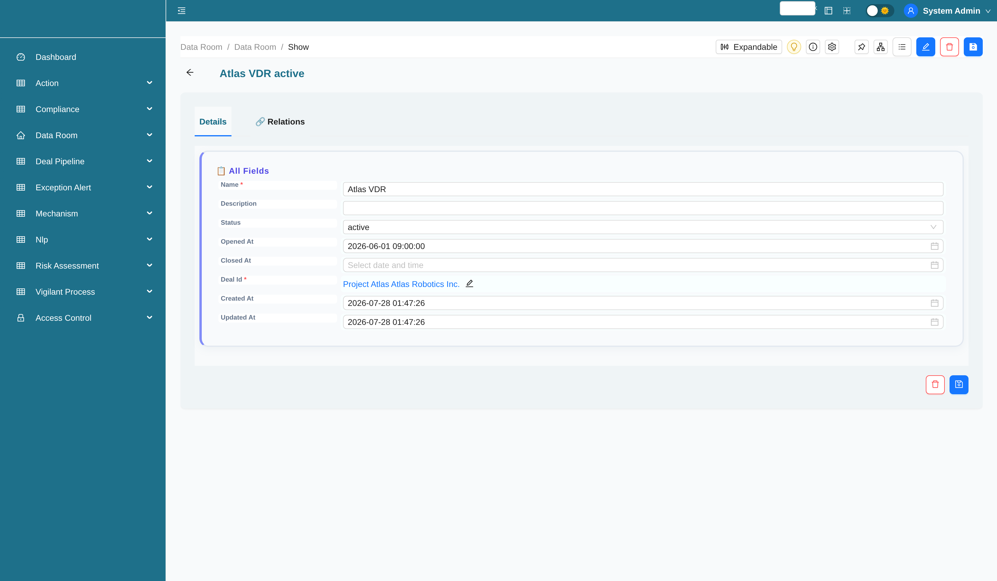 Virtual data room record with documents and access grants
