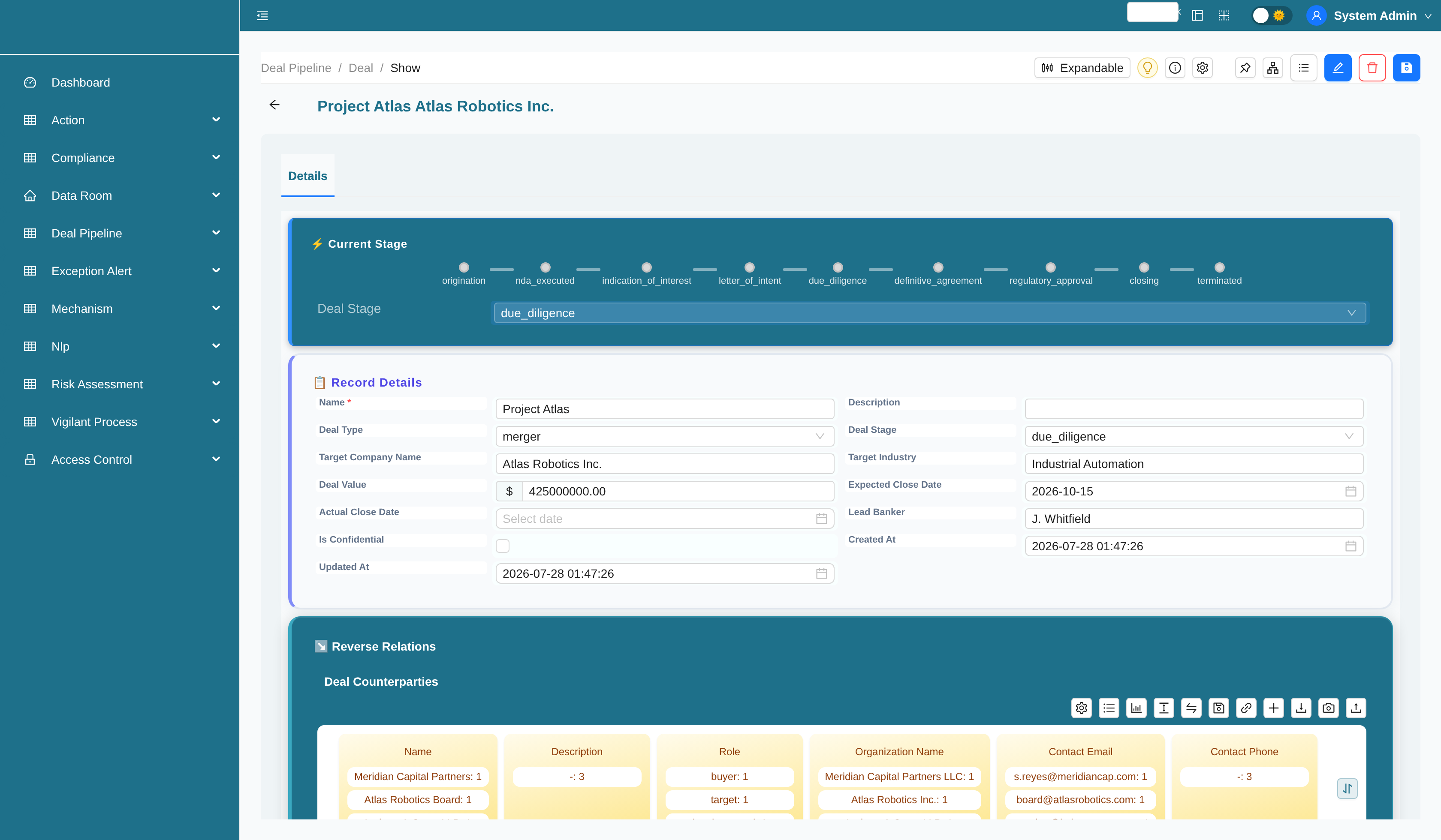 Deal record with pipeline stage workflow and full deal detail