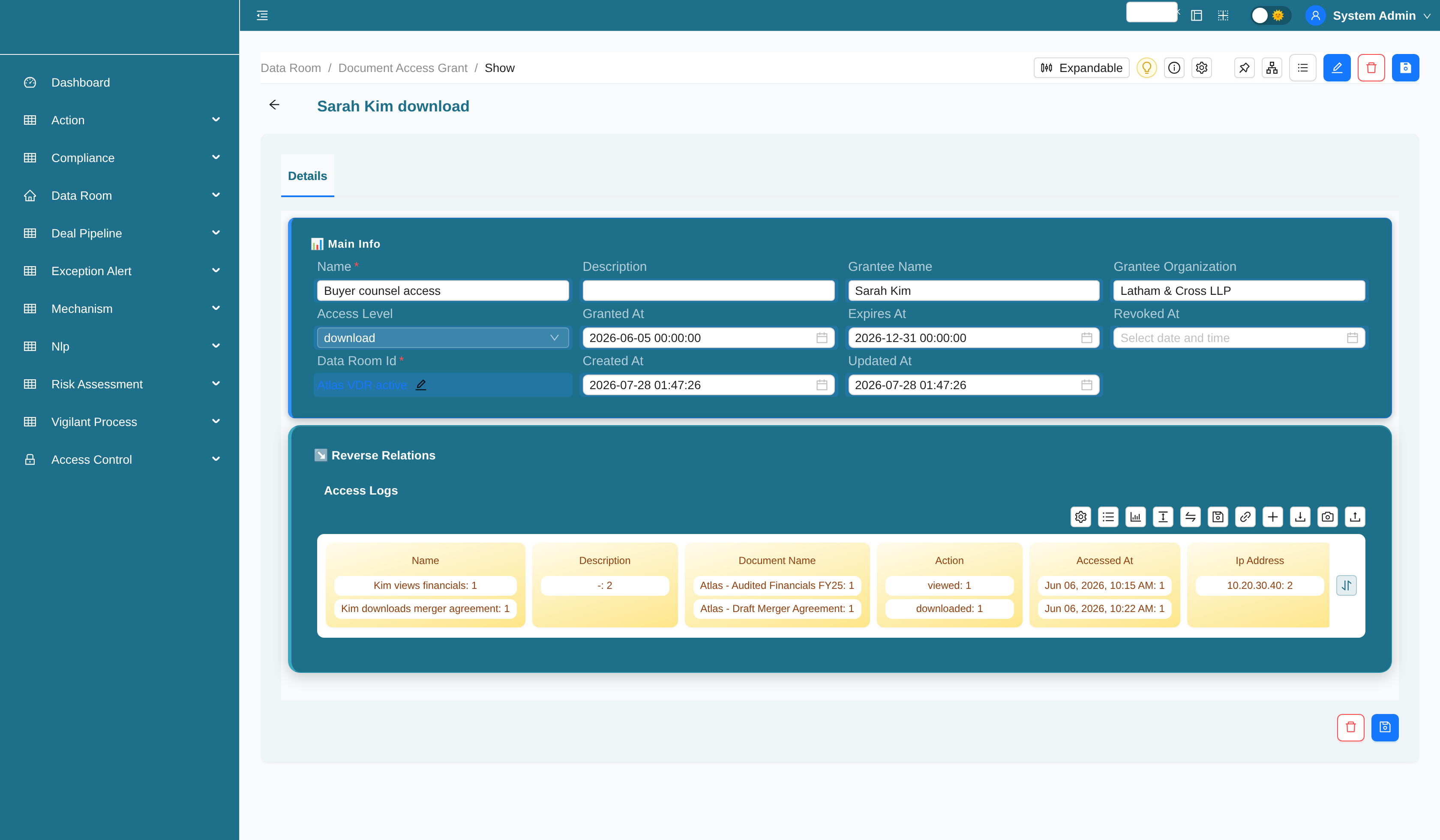 Document access grant with access level and expiration