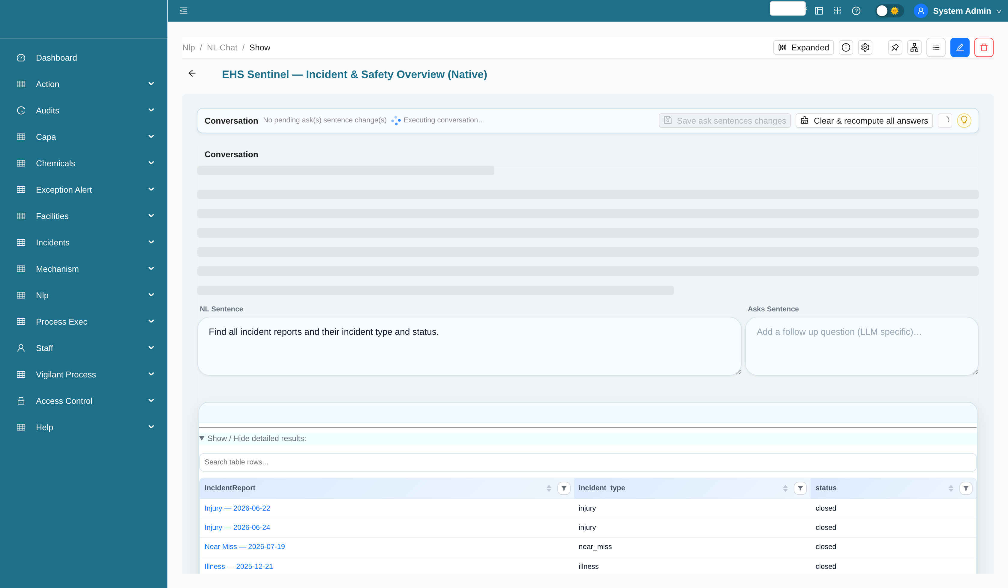 Incident and safety overview analytics chart generated by NL query