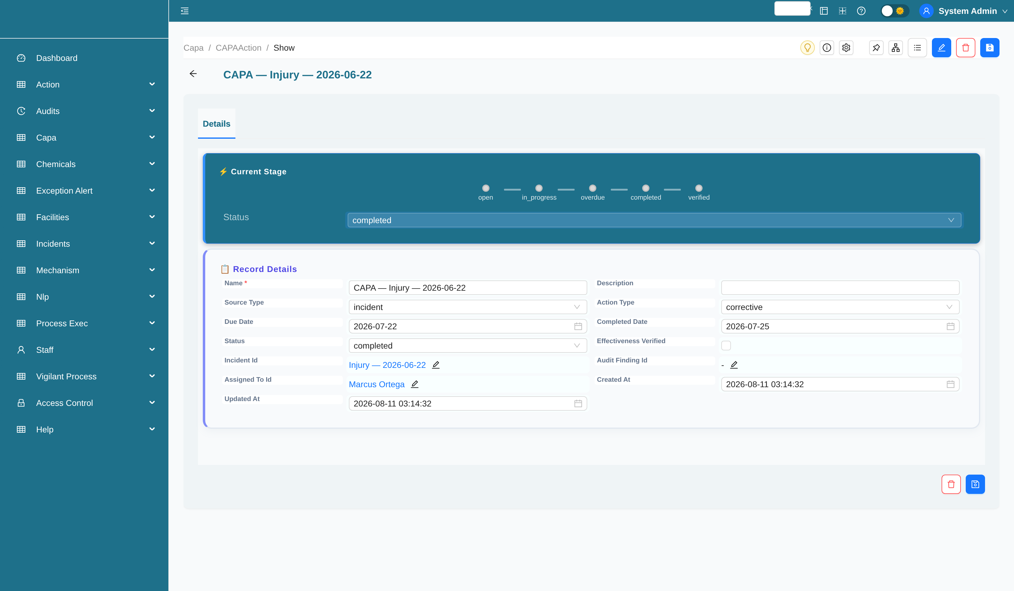 CAPA action record with status workflow stage bar