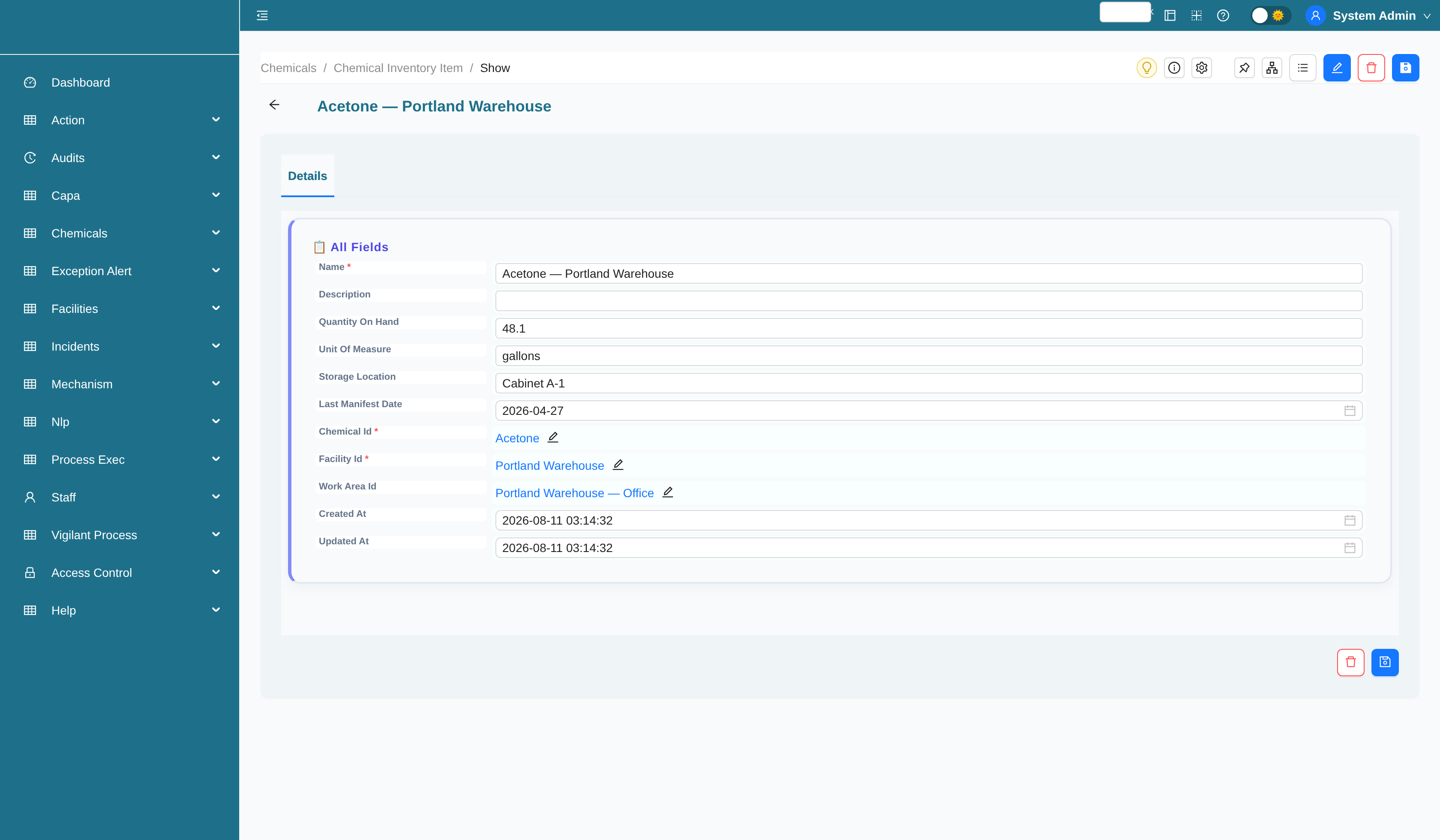 Chemical inventory item record with quantity and storage location