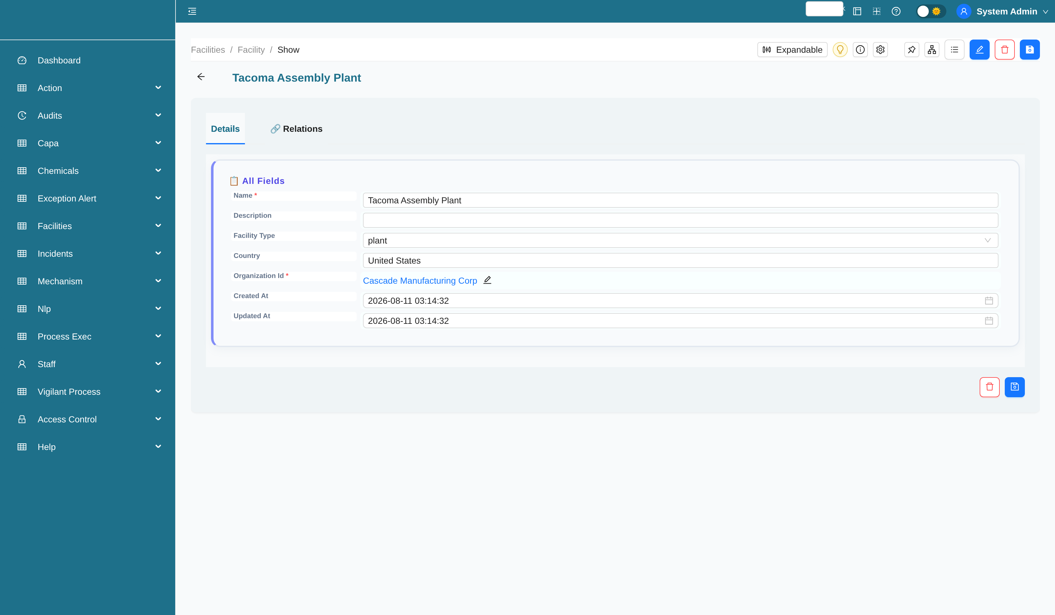 Facility record with related work areas, chemical inventory, and audits