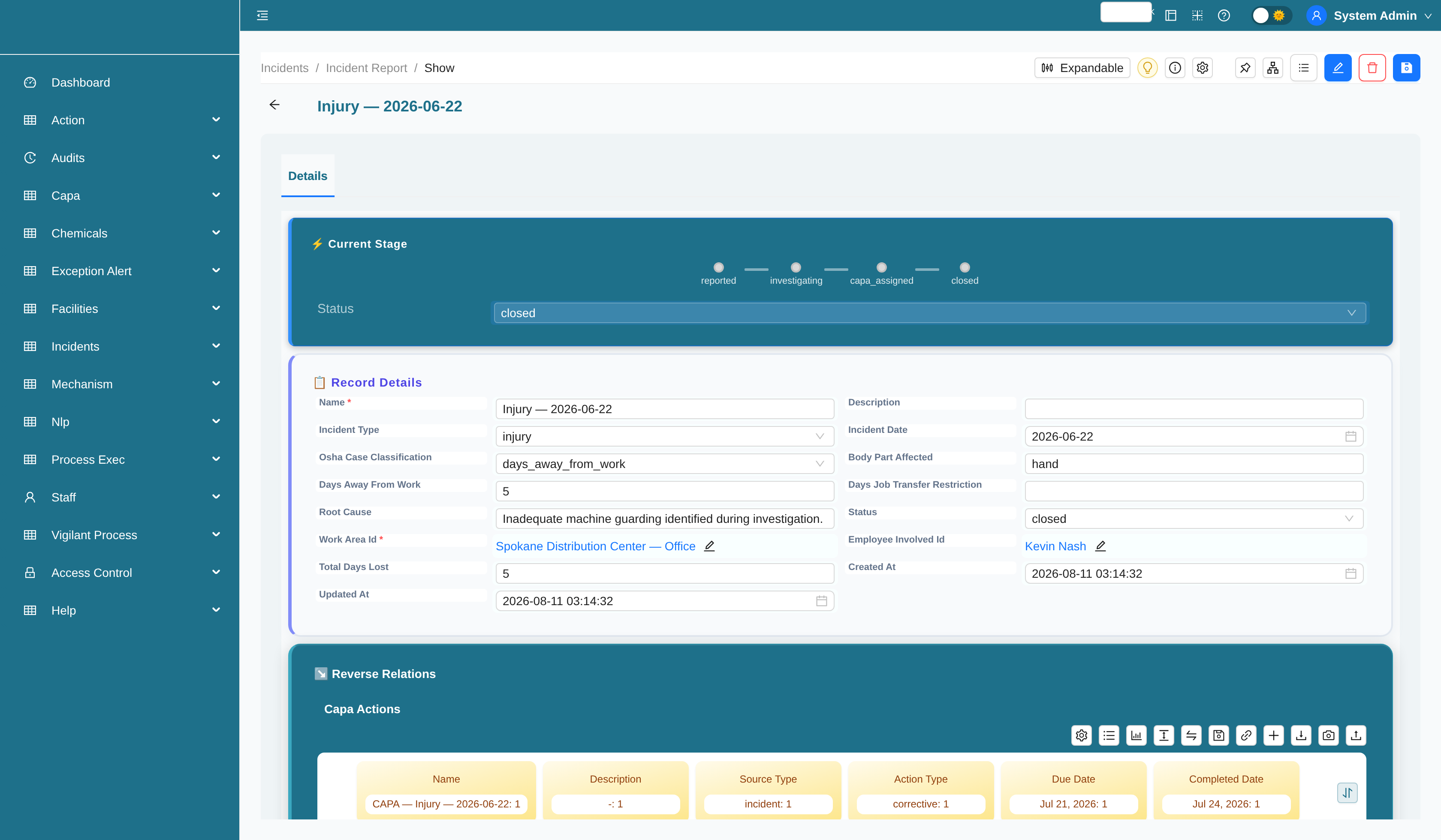 Incident report record with status workflow stage bar