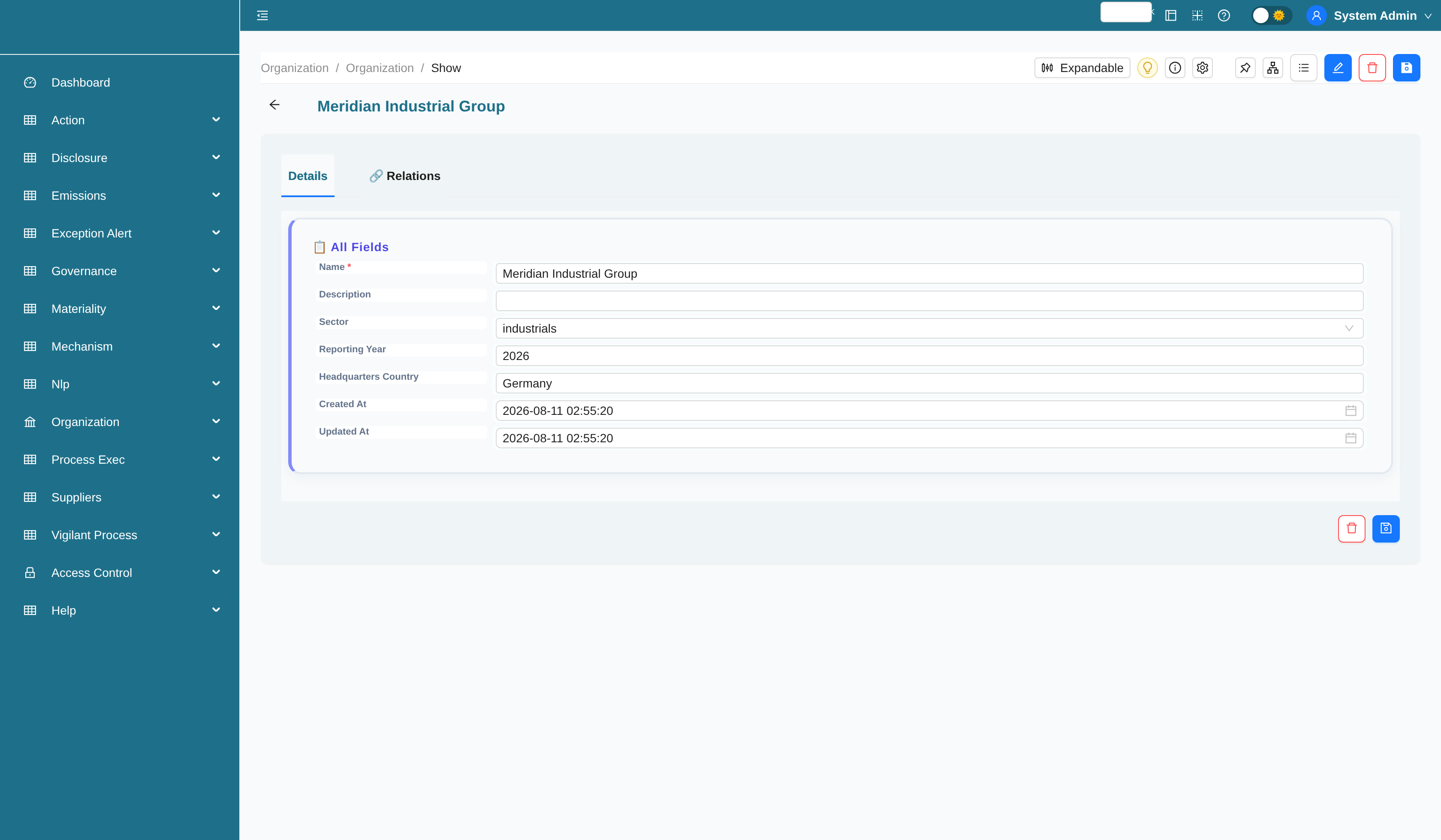 Organization record with related facilities, material topics, and climate risks