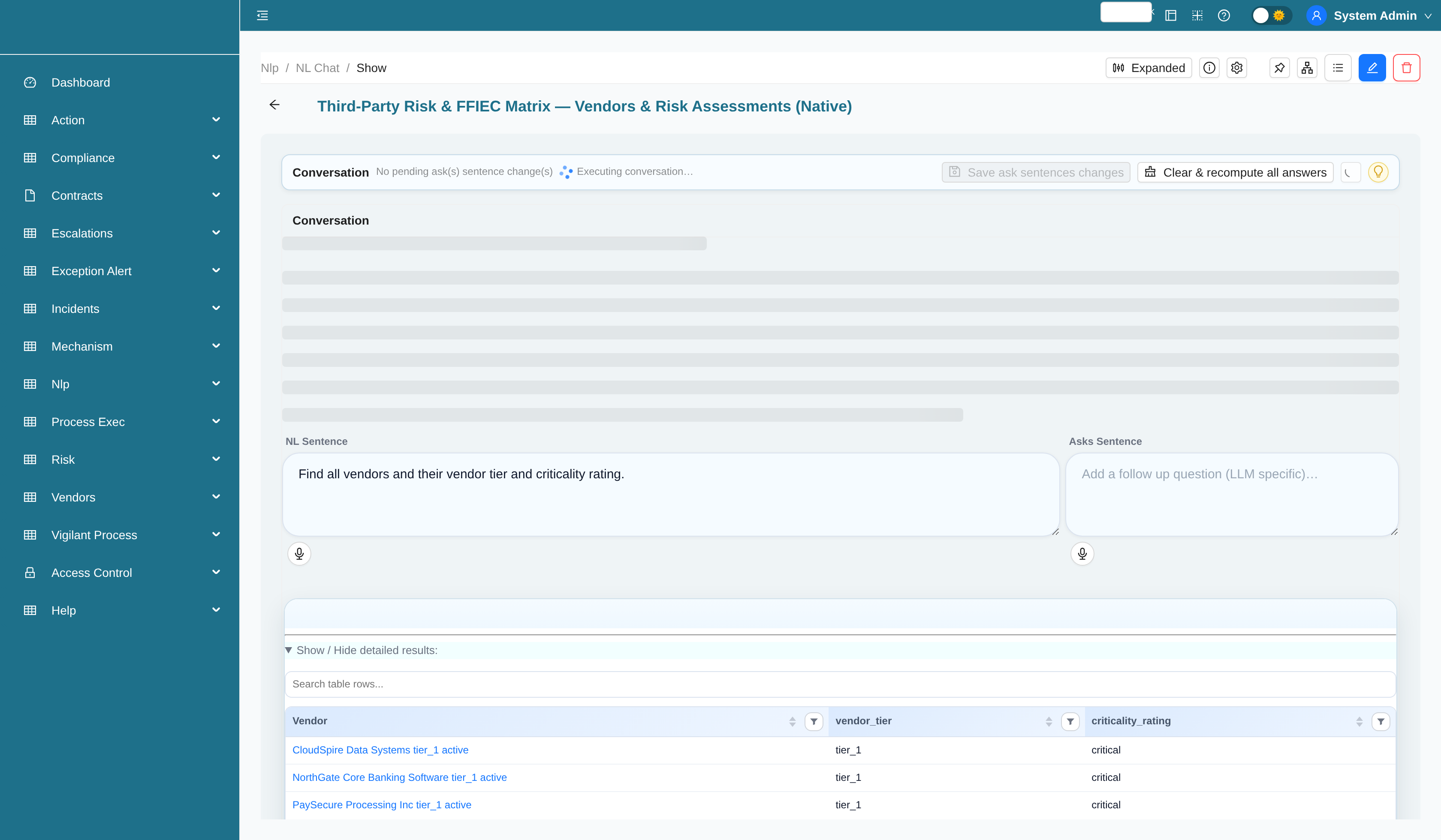 Vendors and risk assessments analytics chart generated by NL query