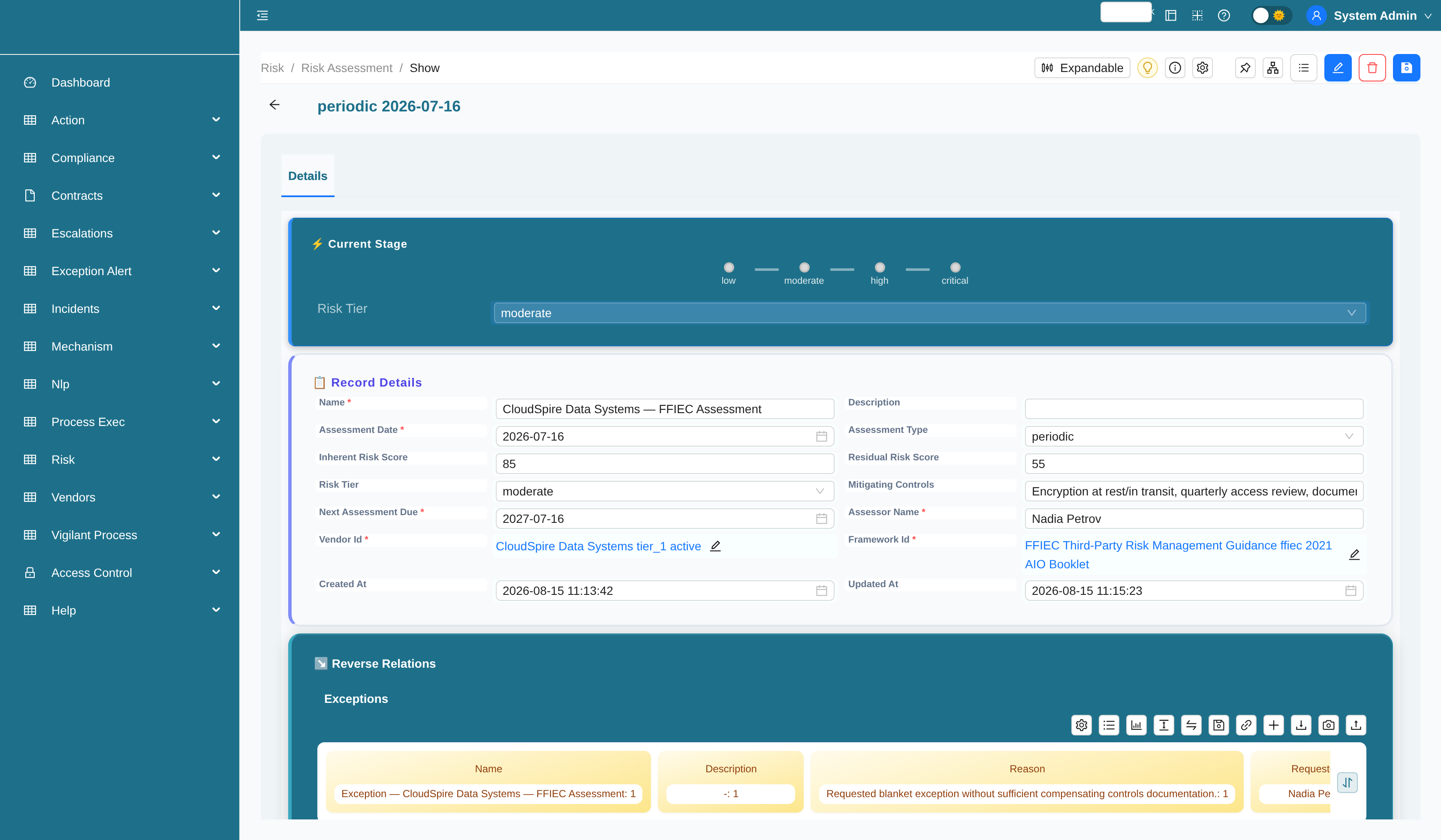 Risk assessment record with risk tier workflow stage bar