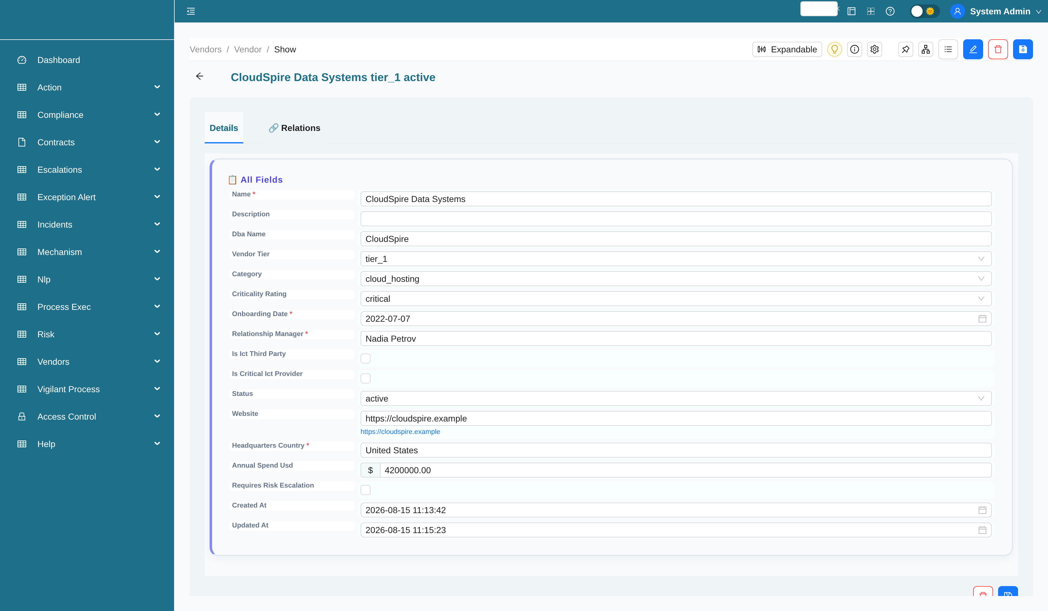 Vendor record with related risk assessments, SOC 2 reports, and contracts