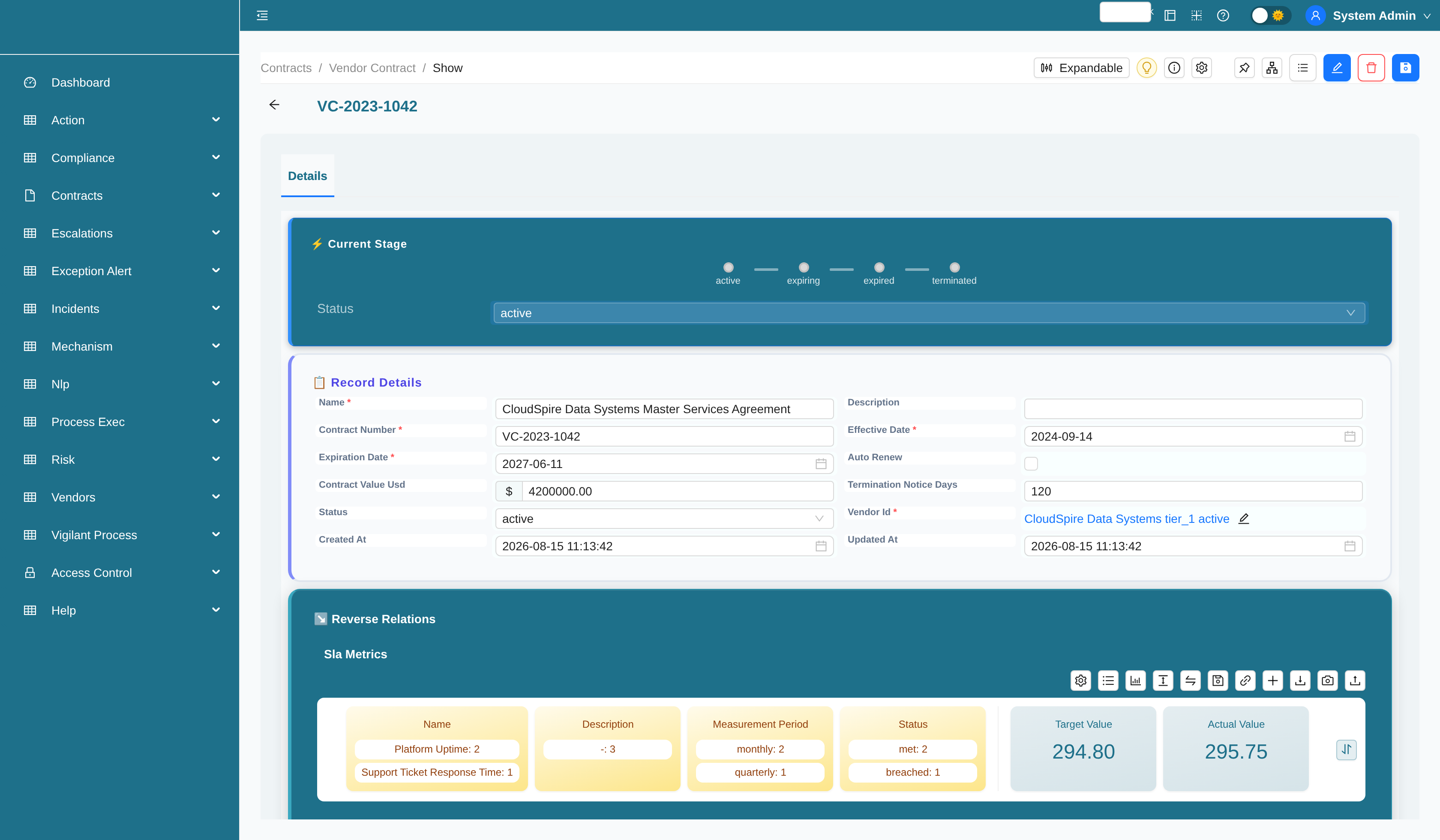 Vendor contract record with renewal status