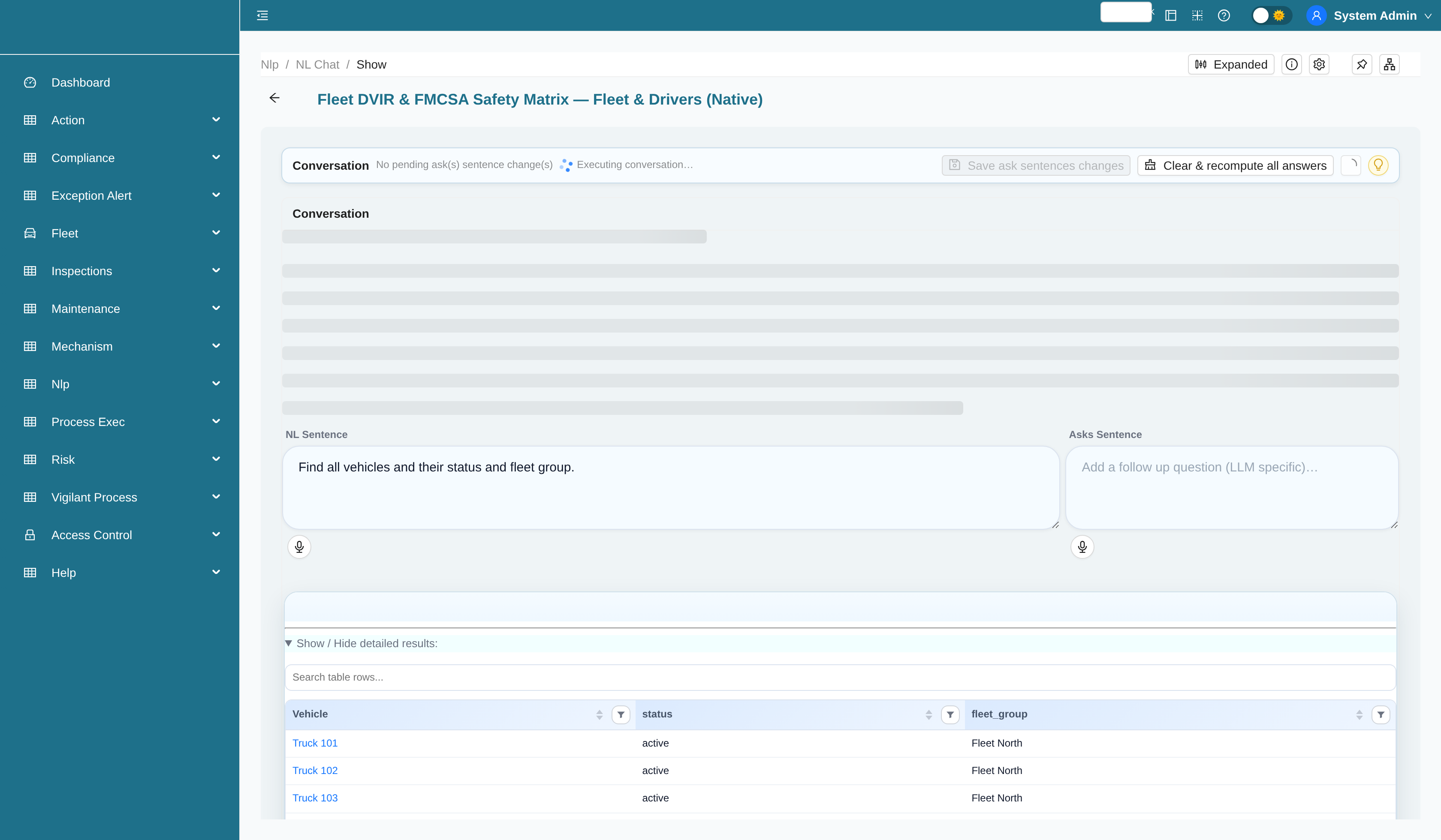 Fleet and drivers analytics chart generated by NL query