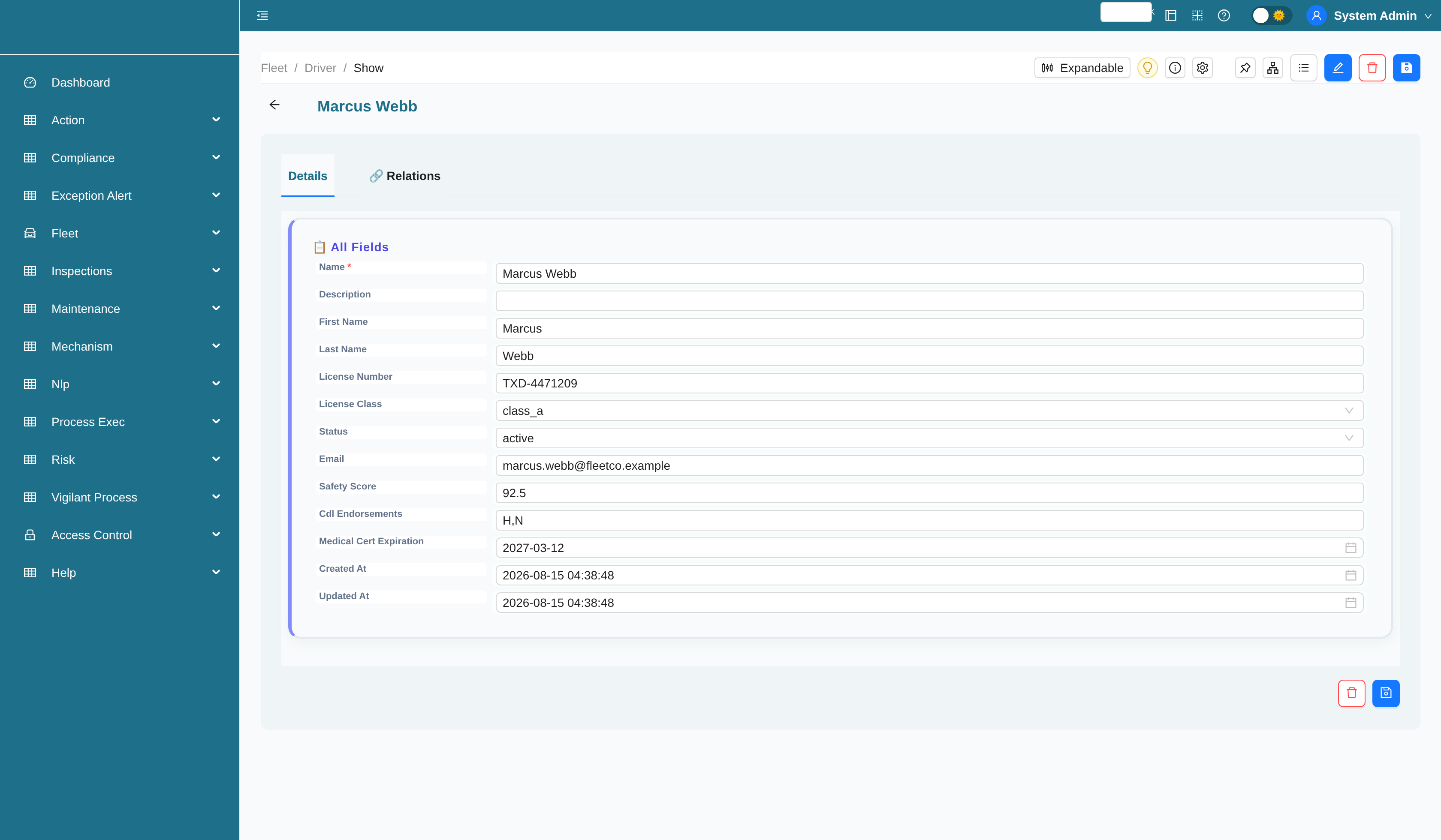 Driver record with related DVIR reports and roadside inspections