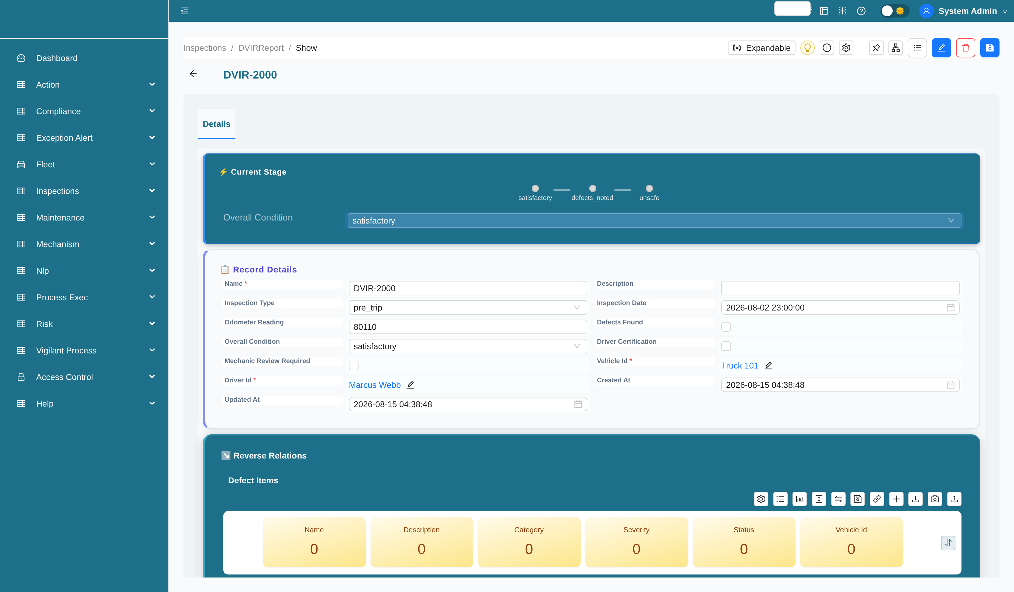 DVIR report record with overall condition workflow stage bar