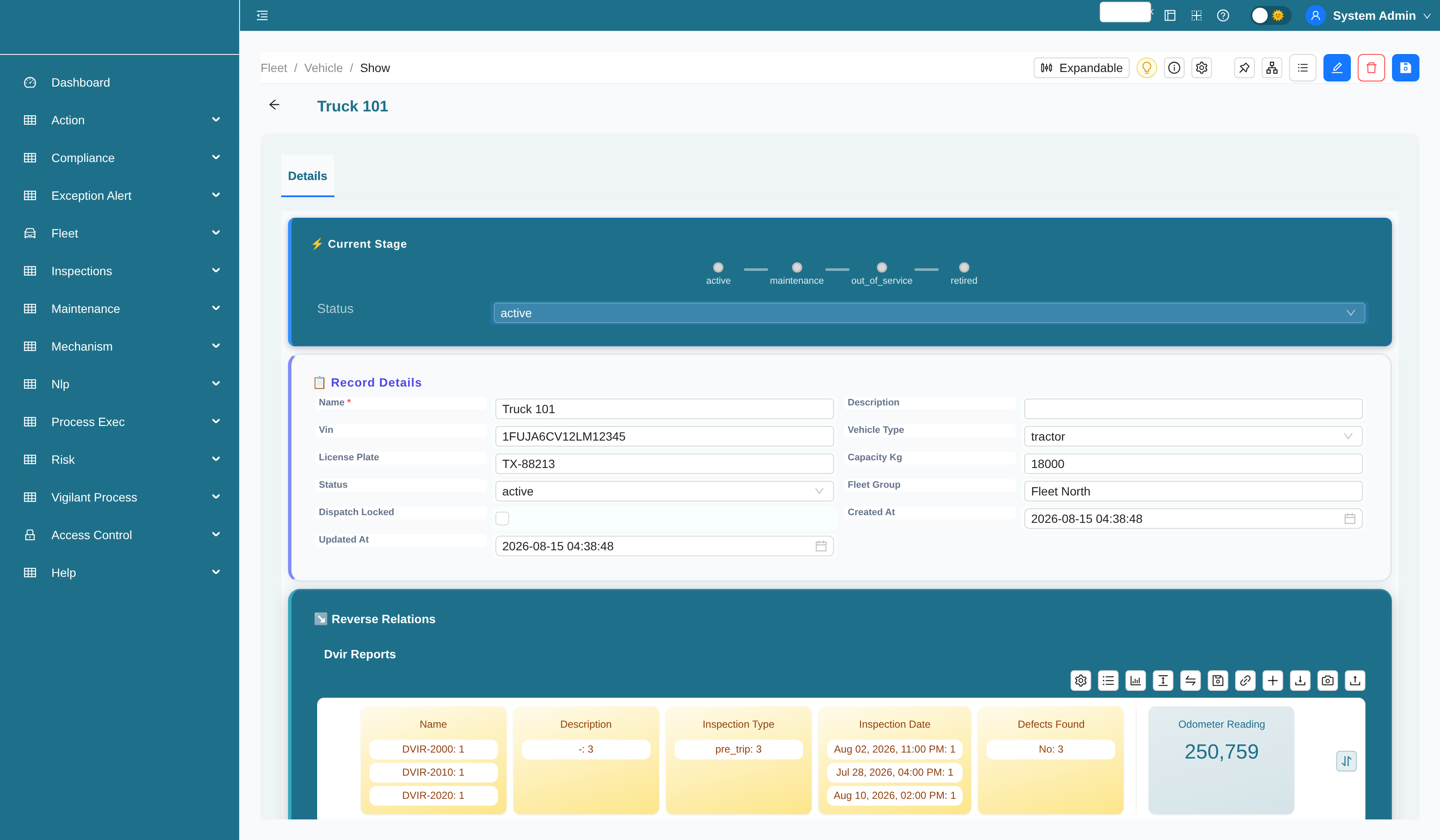 Vehicle record with status workflow stage bar and dispatch-locked field
