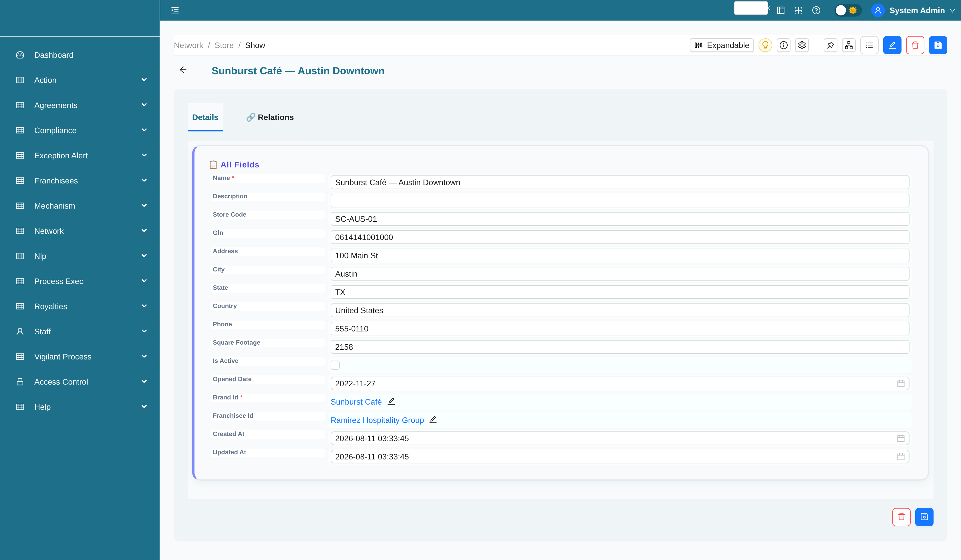 Store record with related agreements, royalty payments, and audits