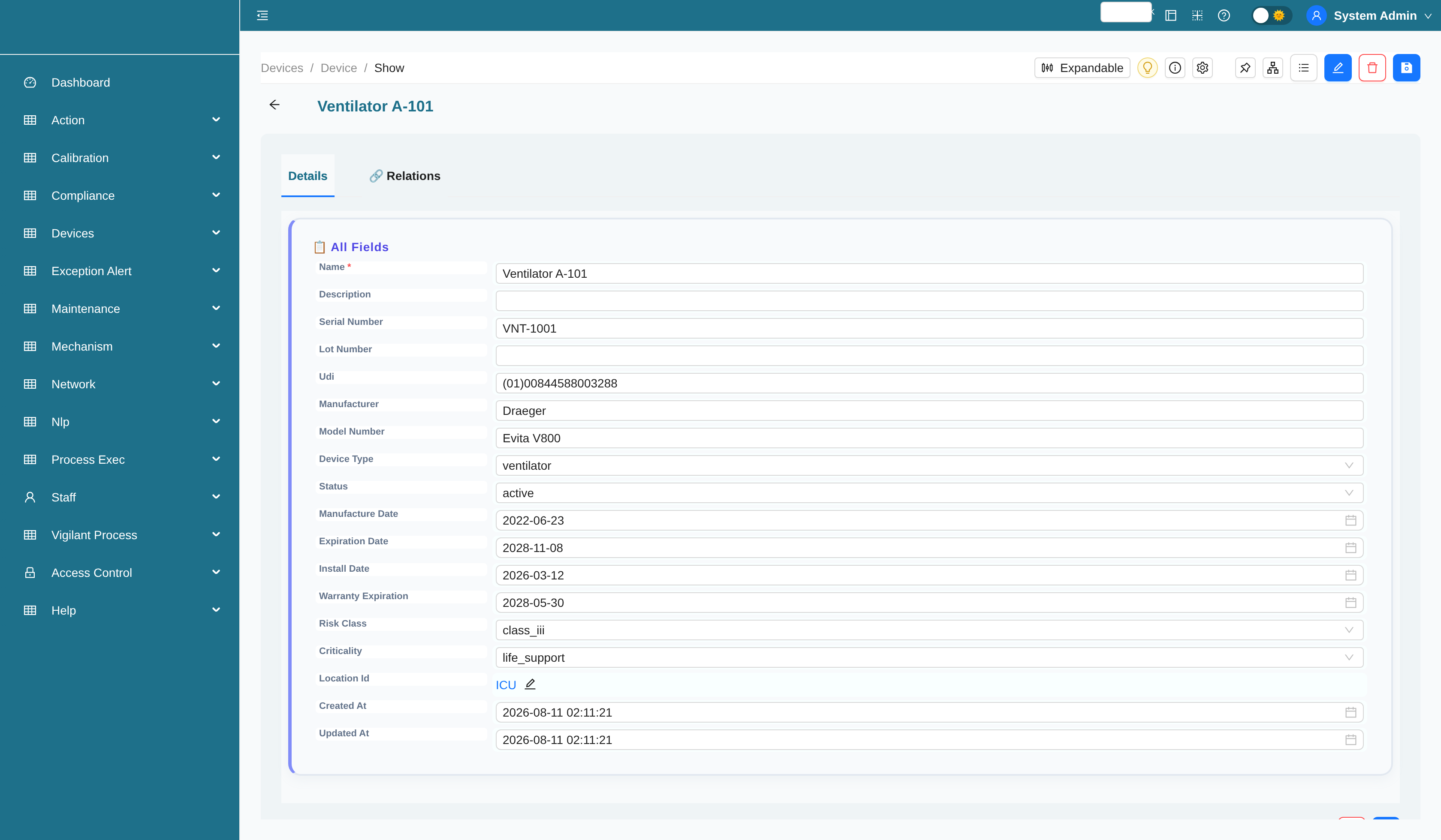 Device record with UDI, risk class, criticality, and related metrics/work orders