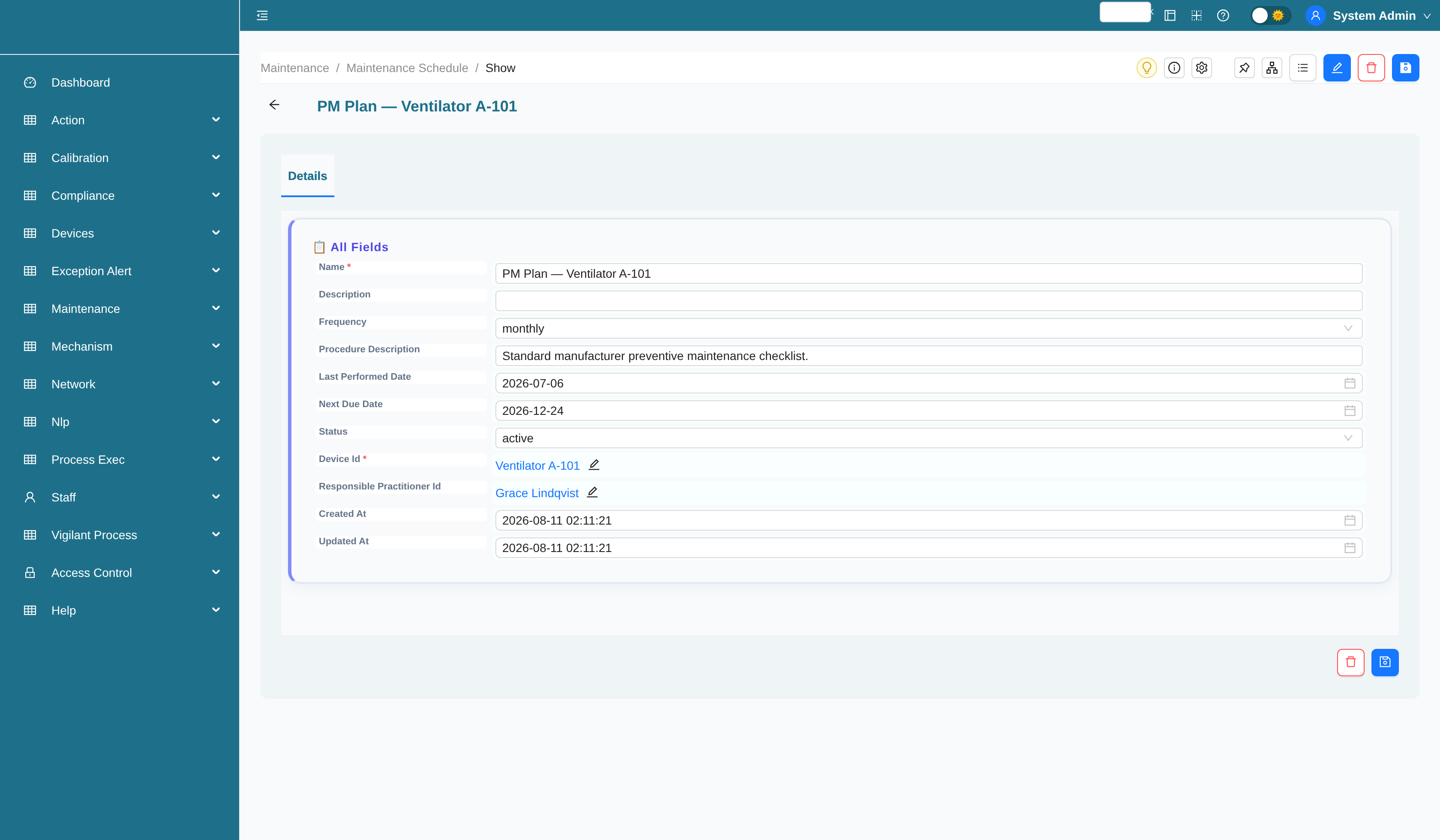 Maintenance schedule record with calendar view