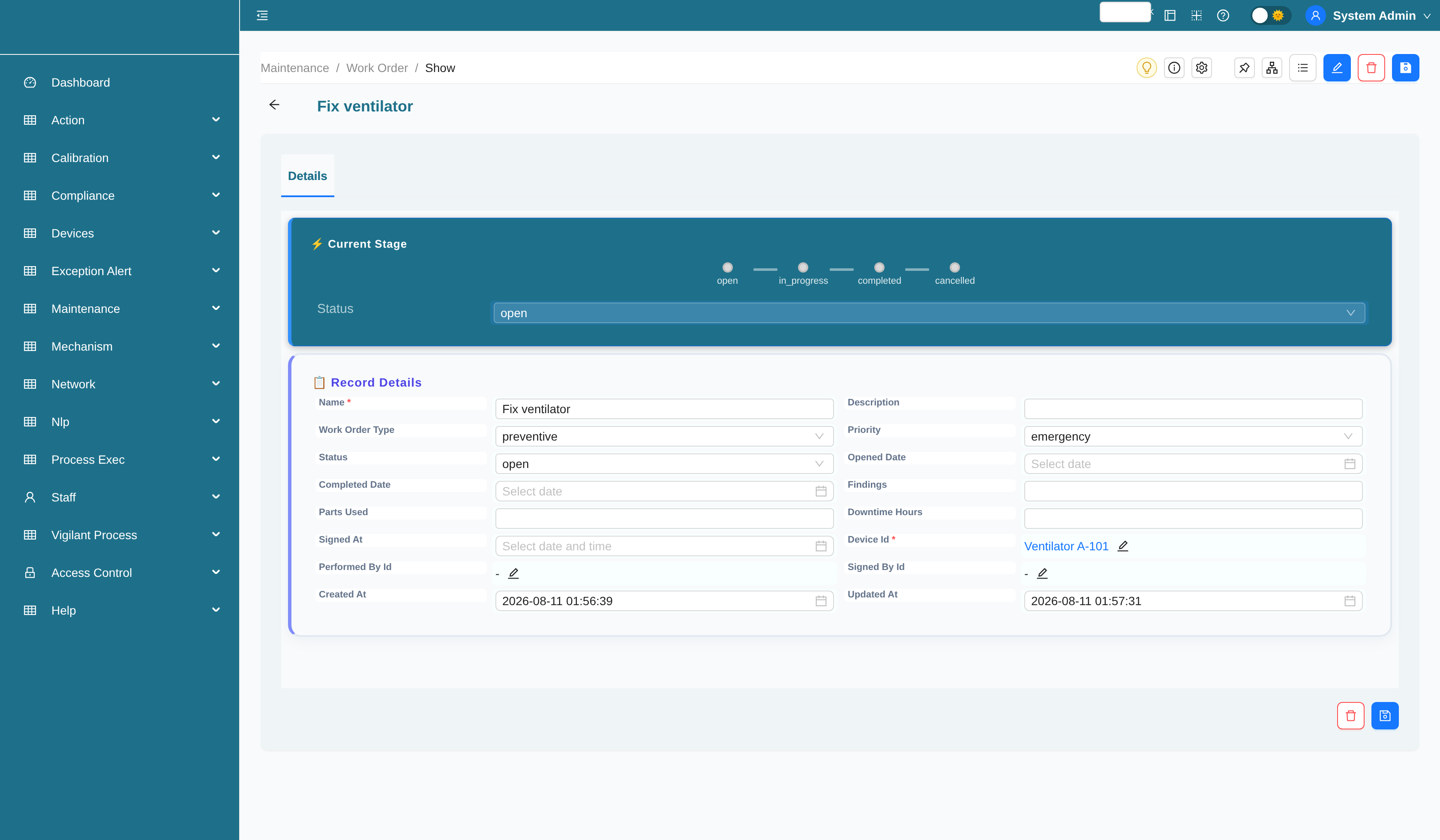 Work order record with status workflow stage bar