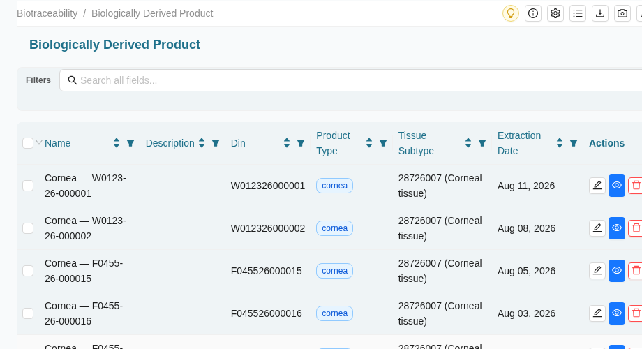 Biologically derived product list view with DIN, product type, tissue subtype, and extraction date columns