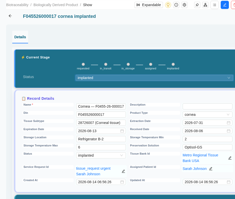Biologically derived product show page with stage-progress bar (requested, in_transit, in_storage, assigned, implanted) and full record detail
