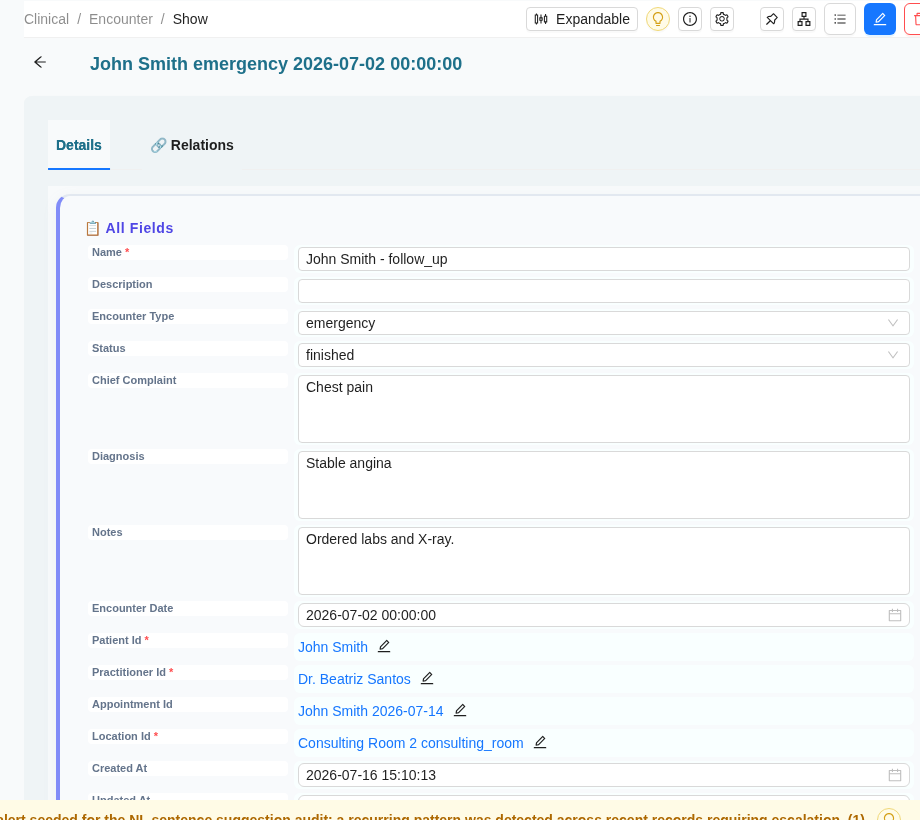 Encounter show page with chief complaint, diagnosis, notes, and tabbed relations