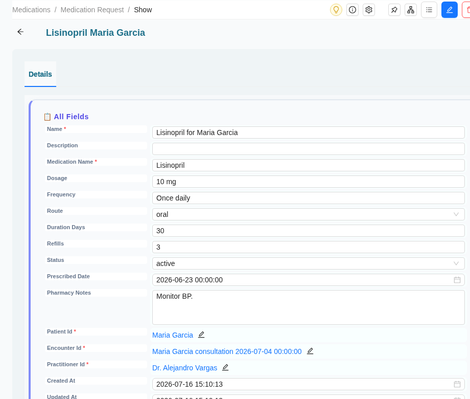 Medication request show page with dosage, frequency, route, refills, and pharmacy notes