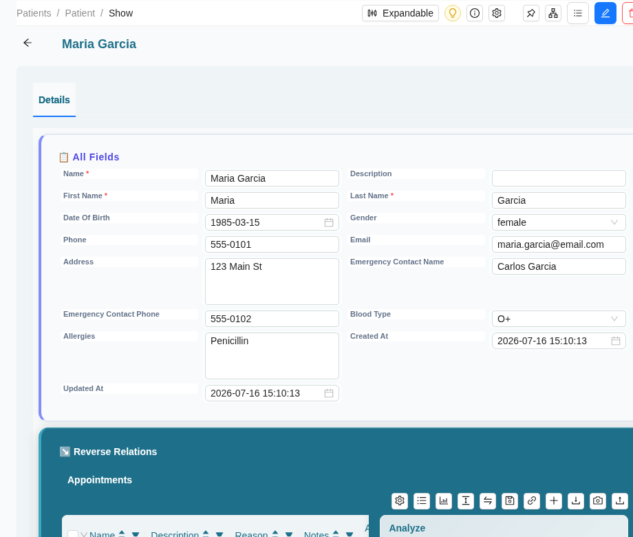 Patient show page with demographics, emergency contact, blood type, allergies, and reverse relations