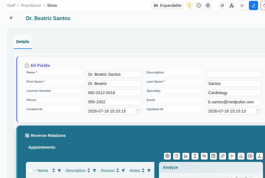 Practitioner show page with license number, specialty, and linked appointments