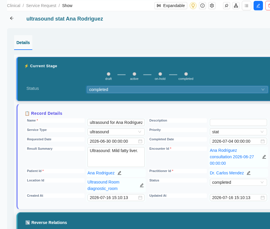 Service request show page with a stage-progress bar (draft, active, on-hold, completed) and result summary