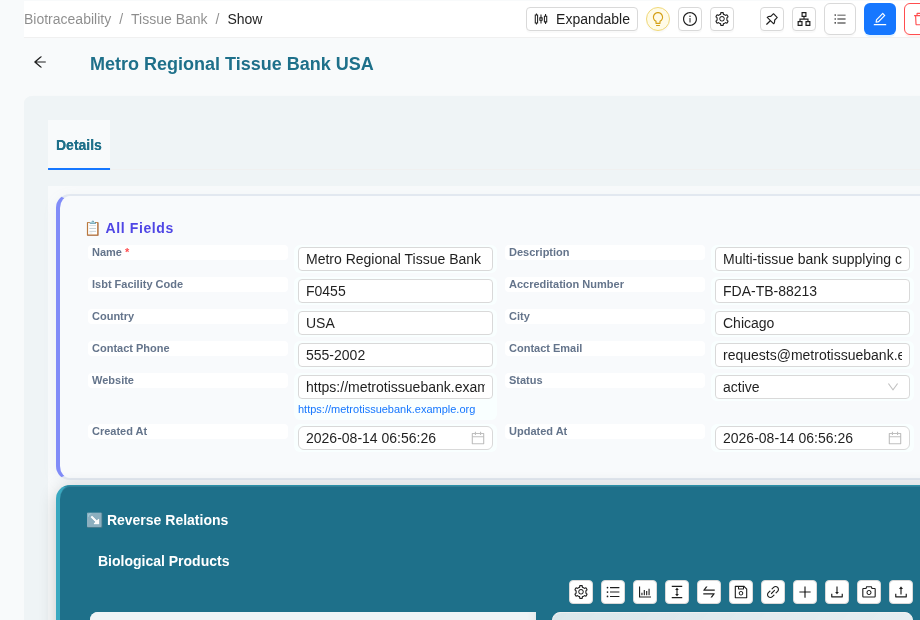 Tissue bank show page with ISBT facility code, accreditation number, and contact details