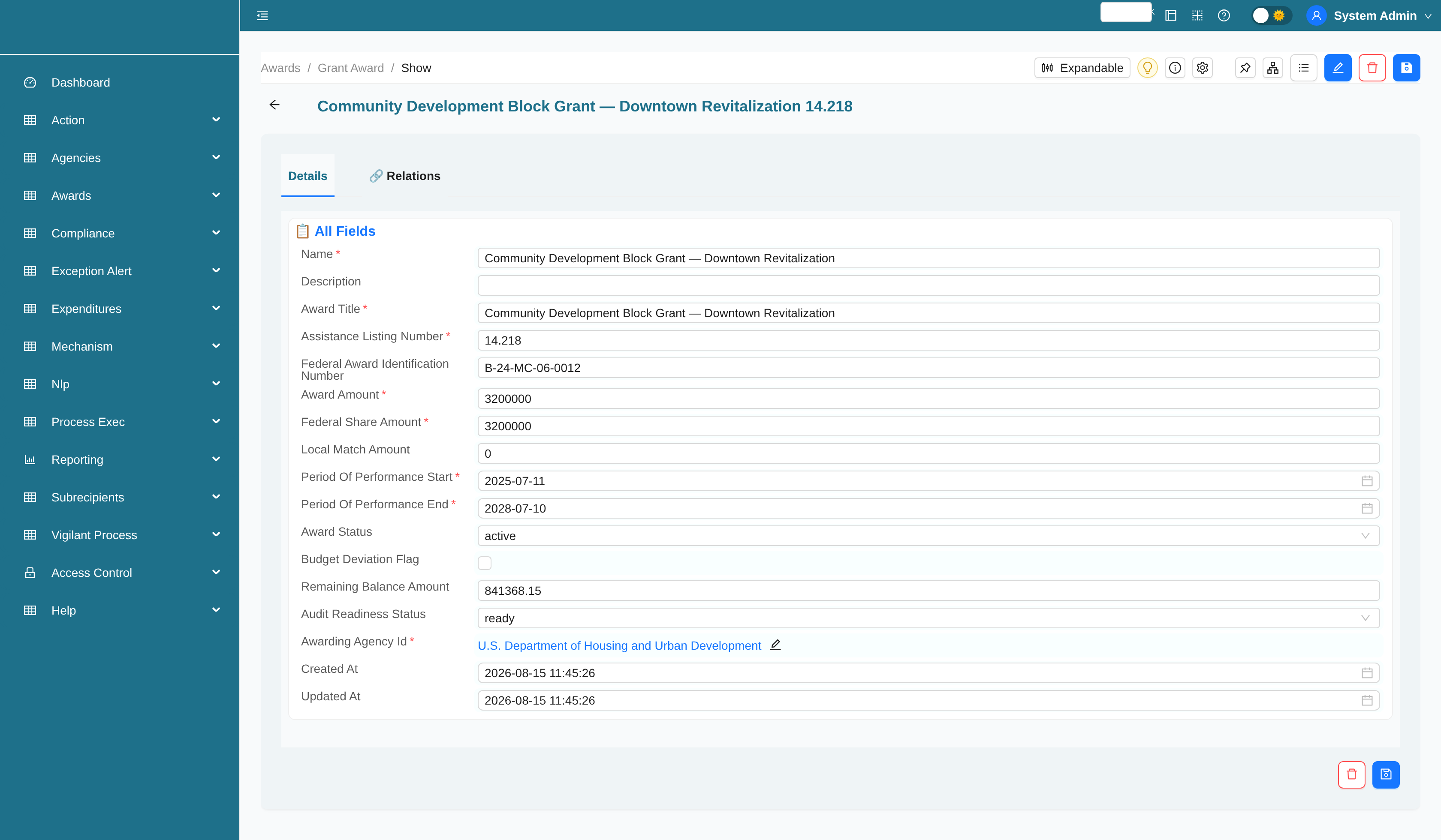 Grant award record with related budget categories, expenditures, and audit records