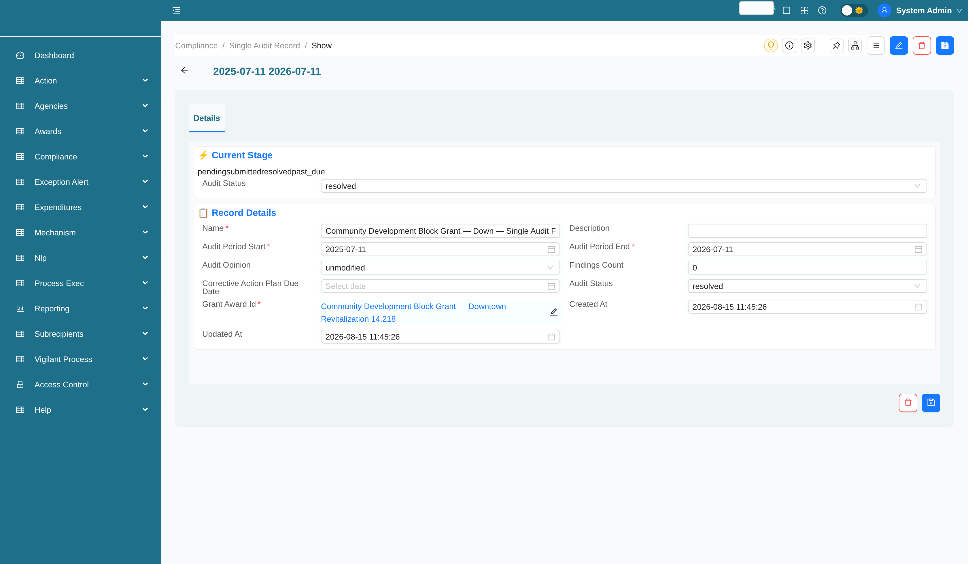 Single Audit record with audit status workflow