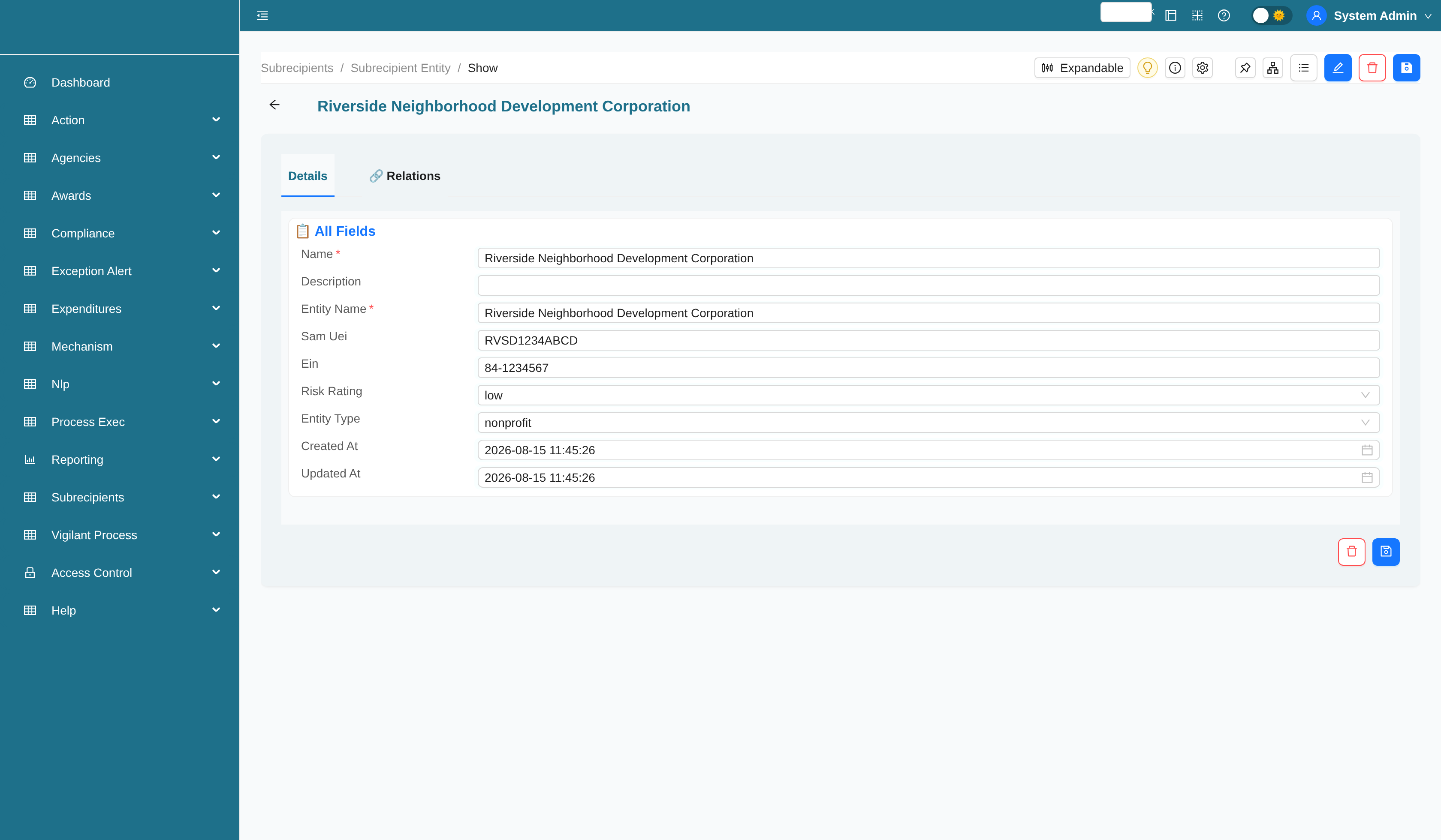 Subrecipient entity record with SAM.gov UEI and related subawards