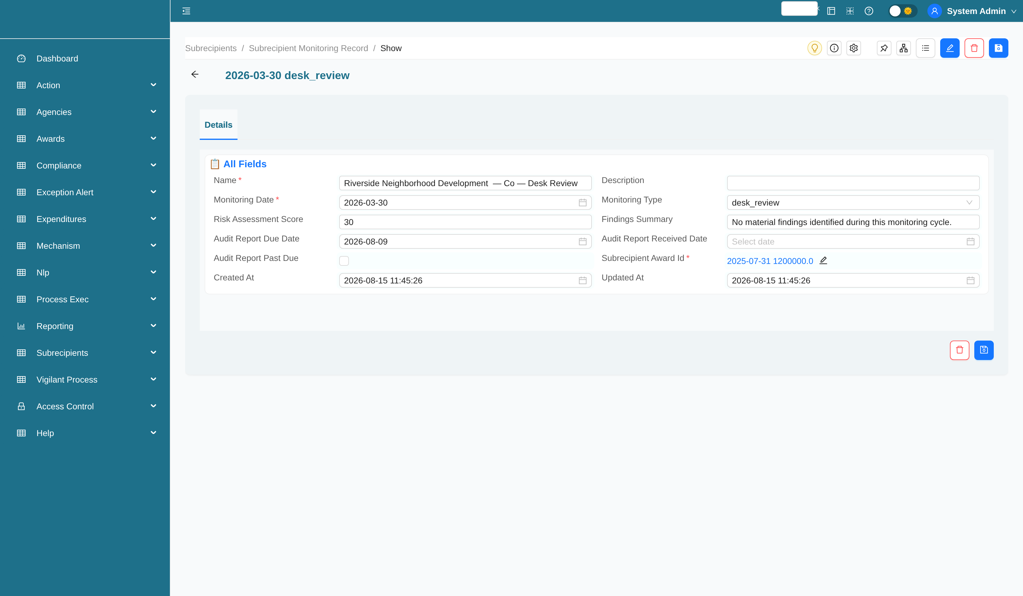 Subrecipient monitoring record with risk score and audit report tracking