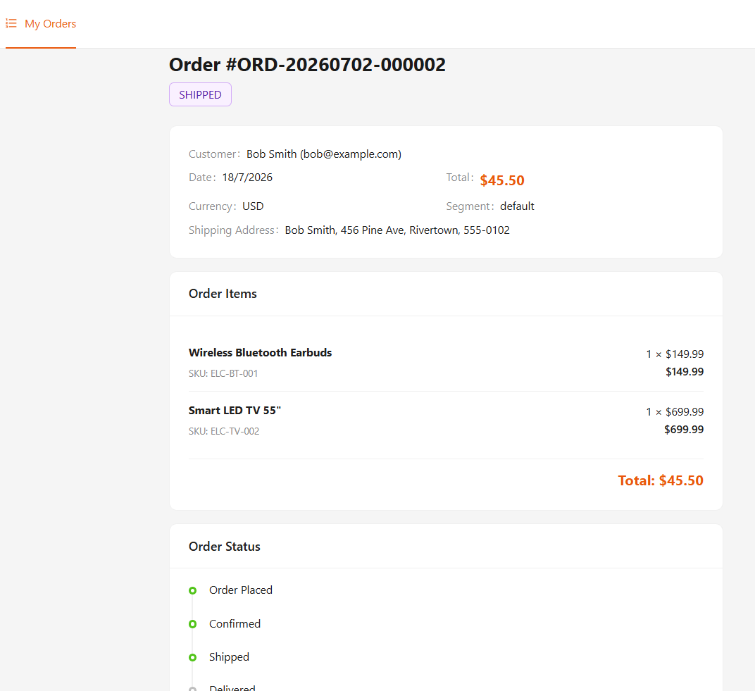 Order confirmation with customer info, items list, totals breakdown, and status timeline