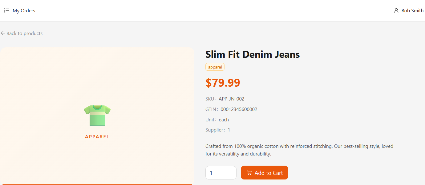Product detail with image, description, specs table, quantity selector, and Add to Cart