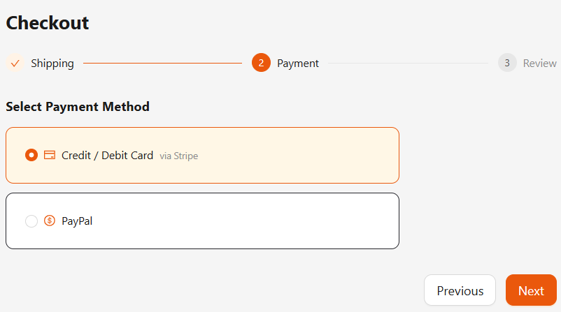 3-step checkout — shipping form, payment method selector, order review with totals