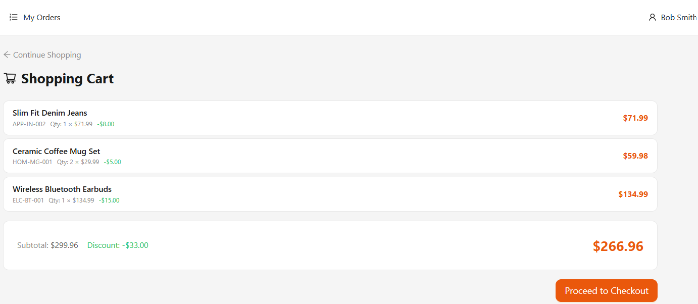 Shopping cart with line items, product names, quantities, segment discount, and order totals