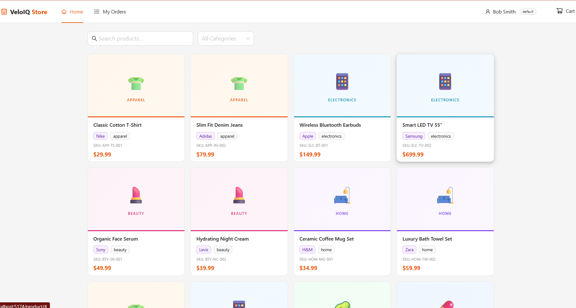Product grid with search, category filters, pagination, and branded card placeholders